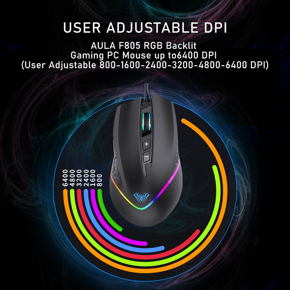 AULA F810 RGB Backlit Mouse 7 Buttons Macro Programmable 6400 DPI Hollow Ergonomic Optical Wired Gaming Mouse for PC Computer Desktop Laptop