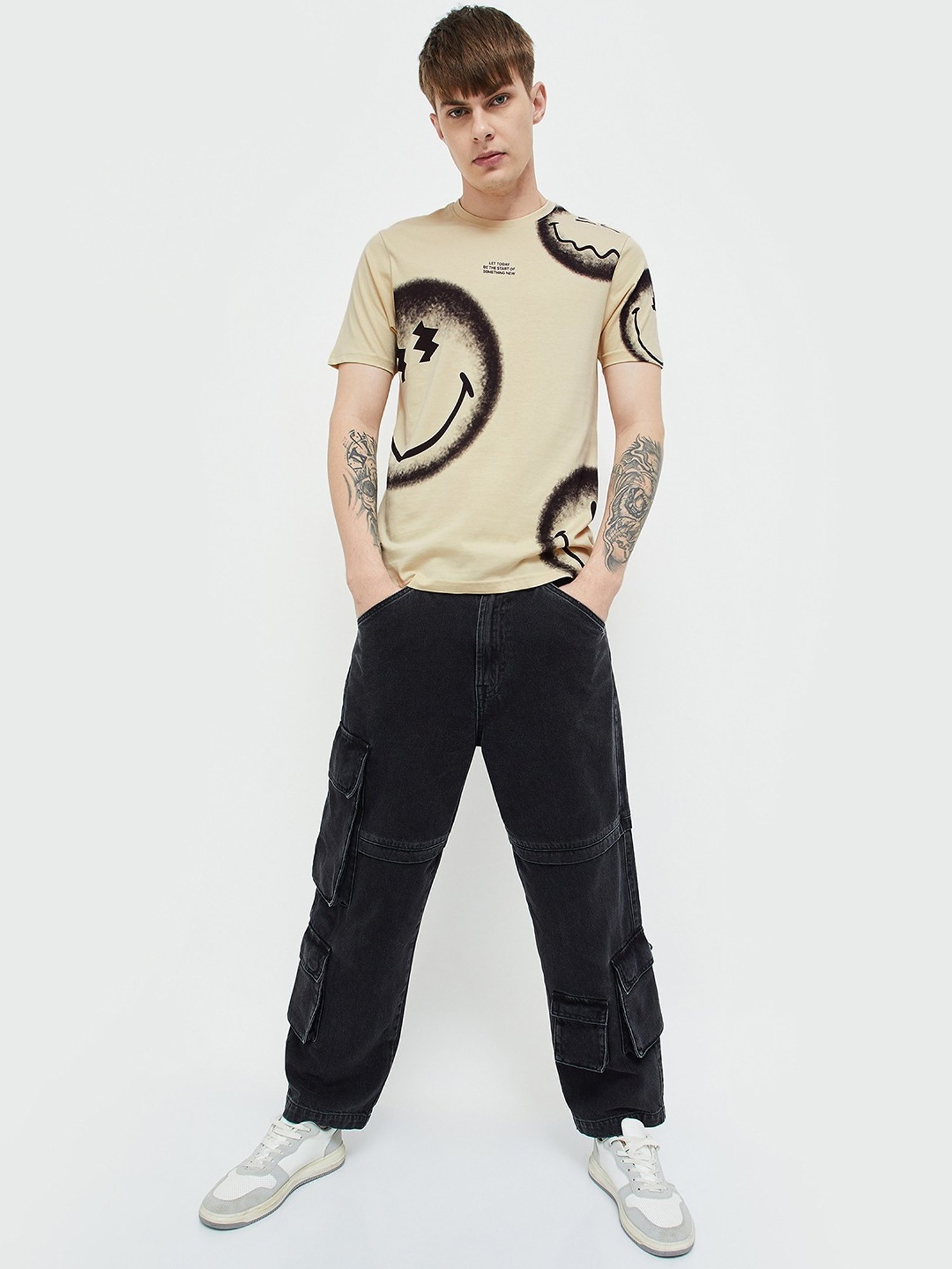 Smileyworld Beige Cotton Regular Fit Printed T-Shirt