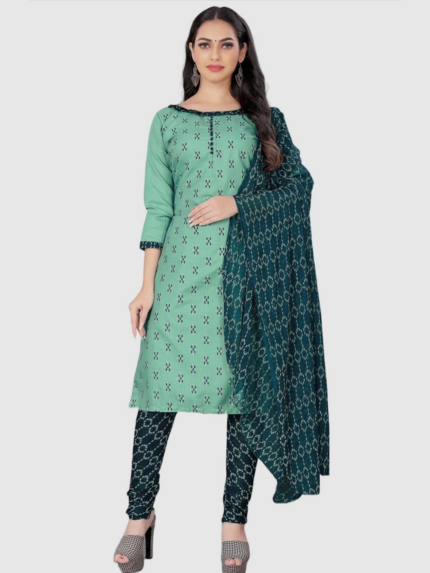 APNISHA Green Cotton Printed Unstitched Dress Material