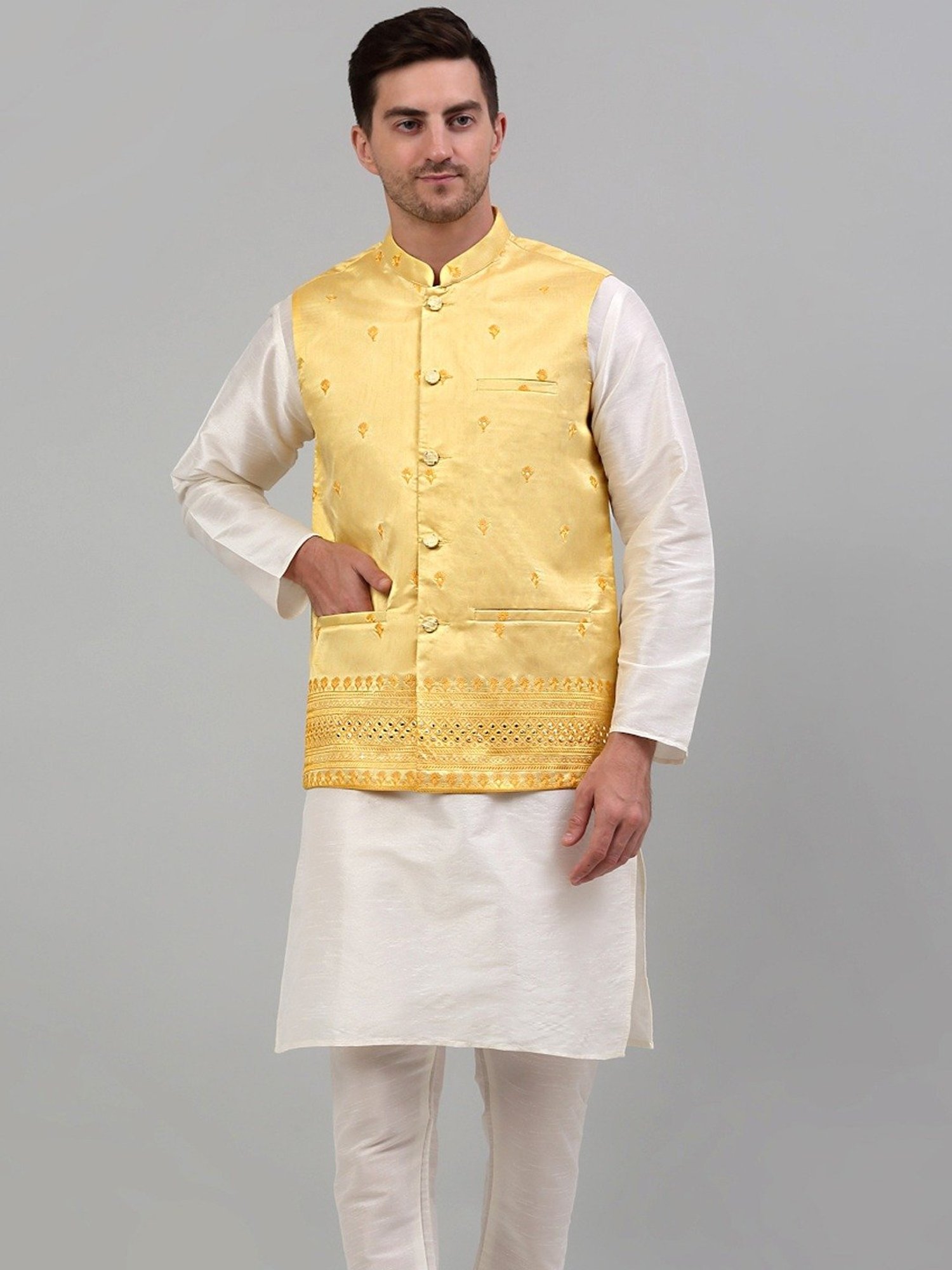 Jompers Yellow Regular Fit Embroidered Nehru Jacket