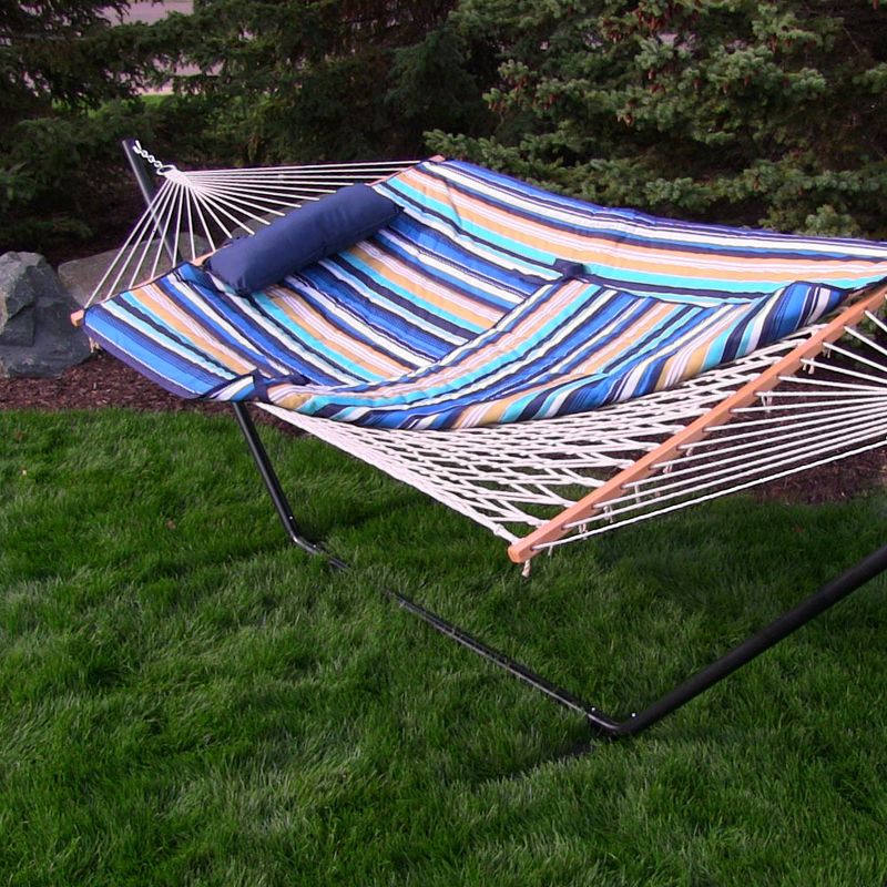 Sunnydaze Cotton Rope Patio and Backyard Hammock with Steel Stand and Quilted Pad and Pillow Set - 12' Stand - Lakeview