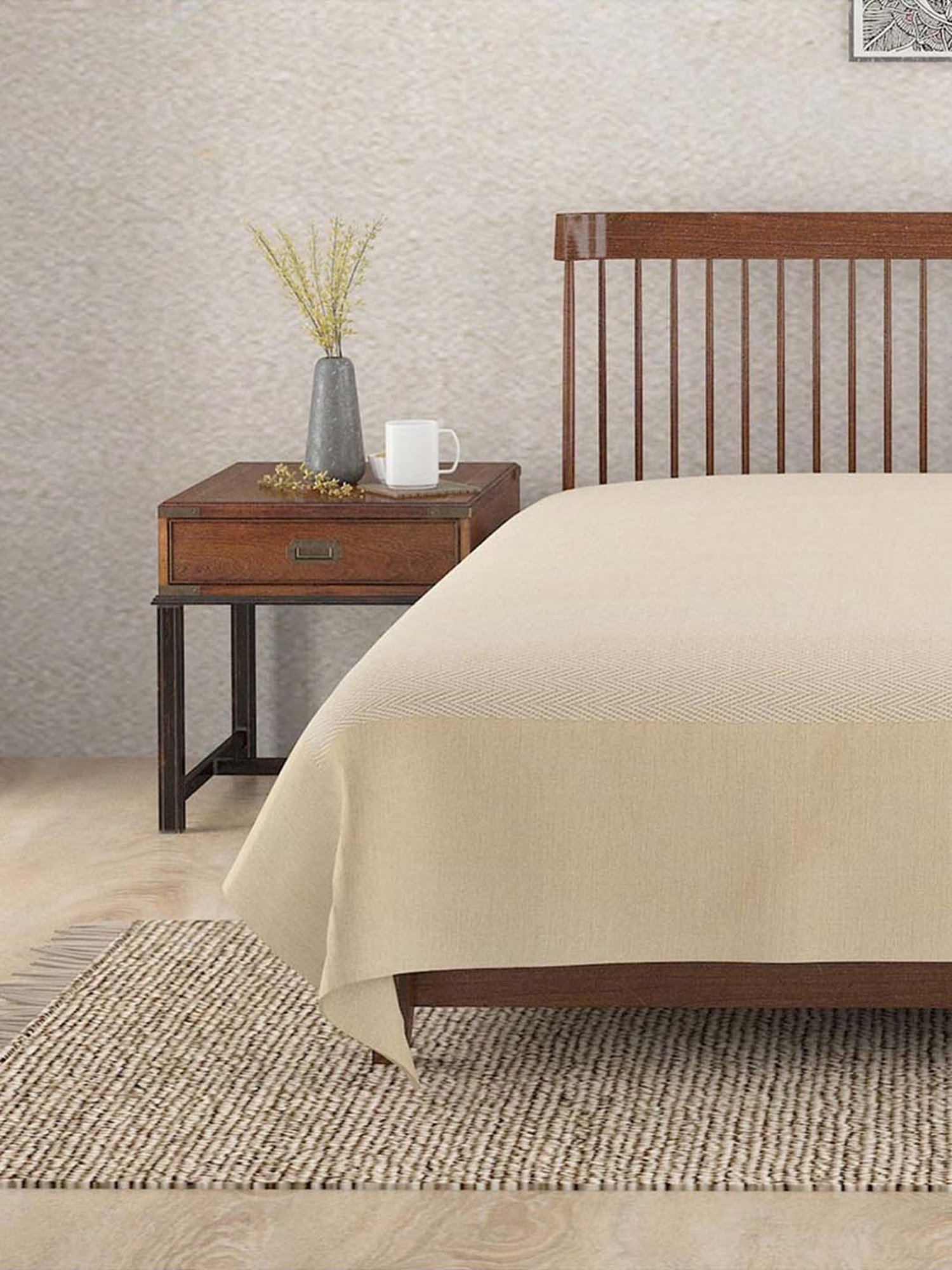 Fabindia Home Azig Beige Cotton 120 TC Double Bed Cover