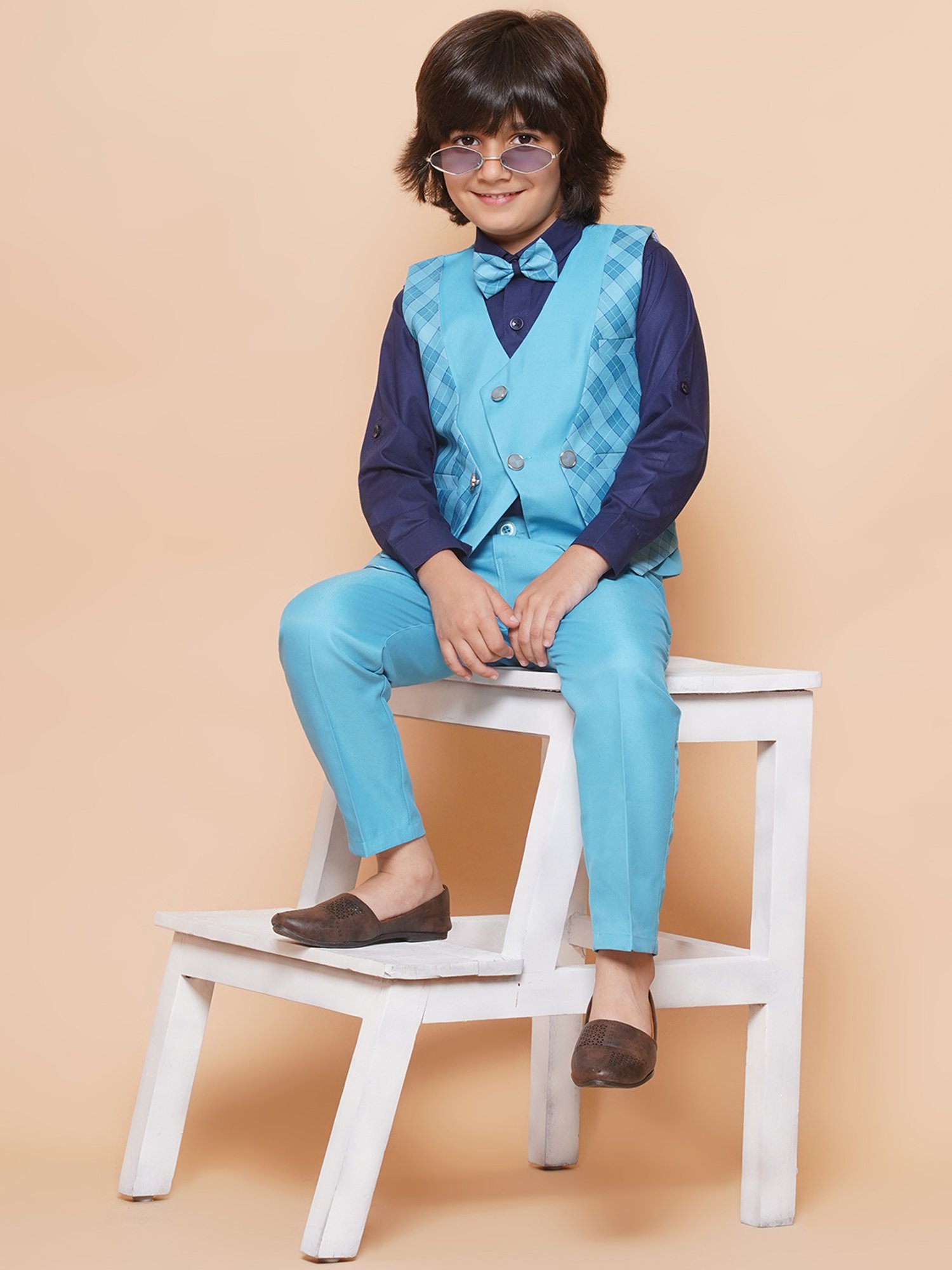 AJ Dezines Kids Sky Blue & Black Solid Full Sleeves Shirt, Pants, Coat, Waistcoat with Tie