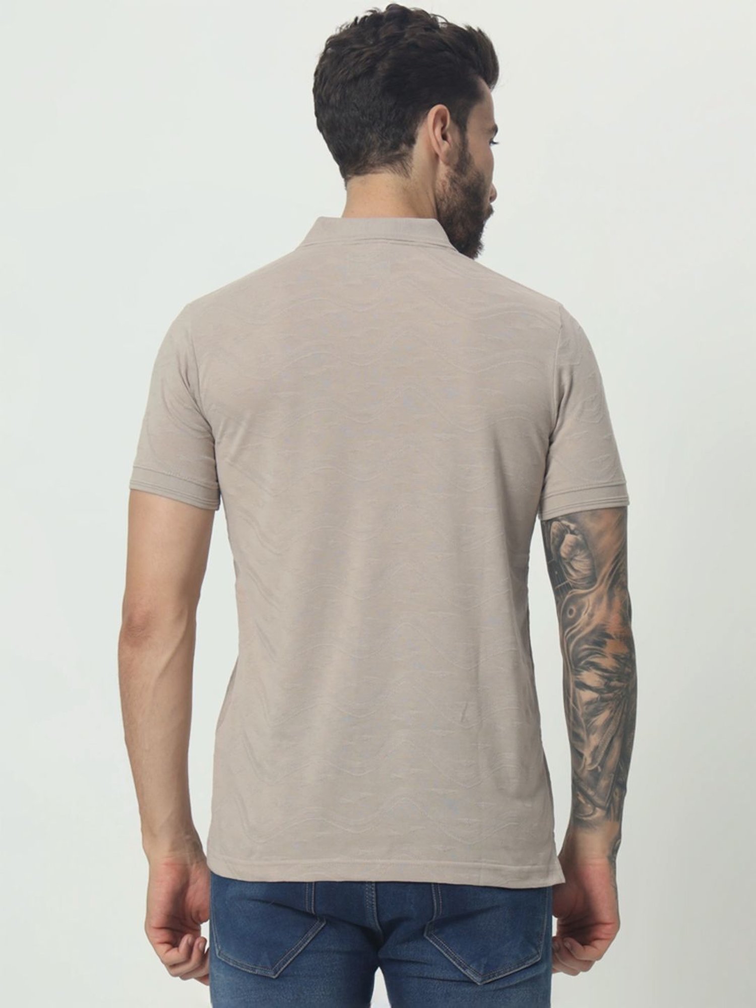 Tab91 Grey Regular Fit Self Pattern Polo T-Shirts