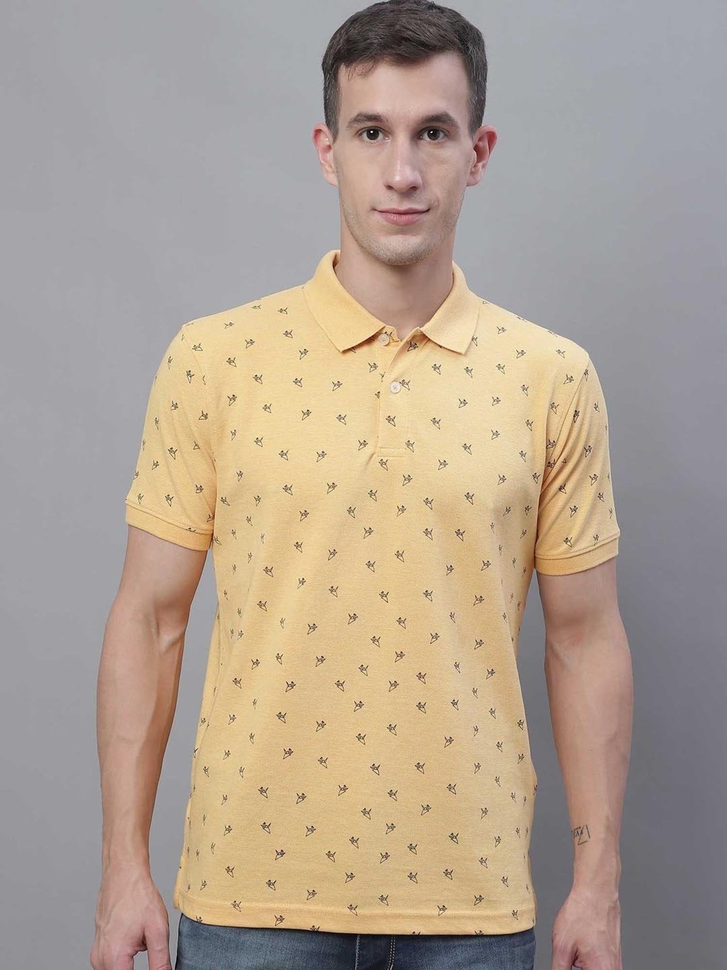 Cantabil Yellow Regular Fit Printed Polo T-Shirt