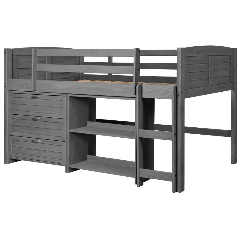 Louver Low Loft Bed with 3 Drawer Chest and Bookcase Antique Gray - Donco Kids