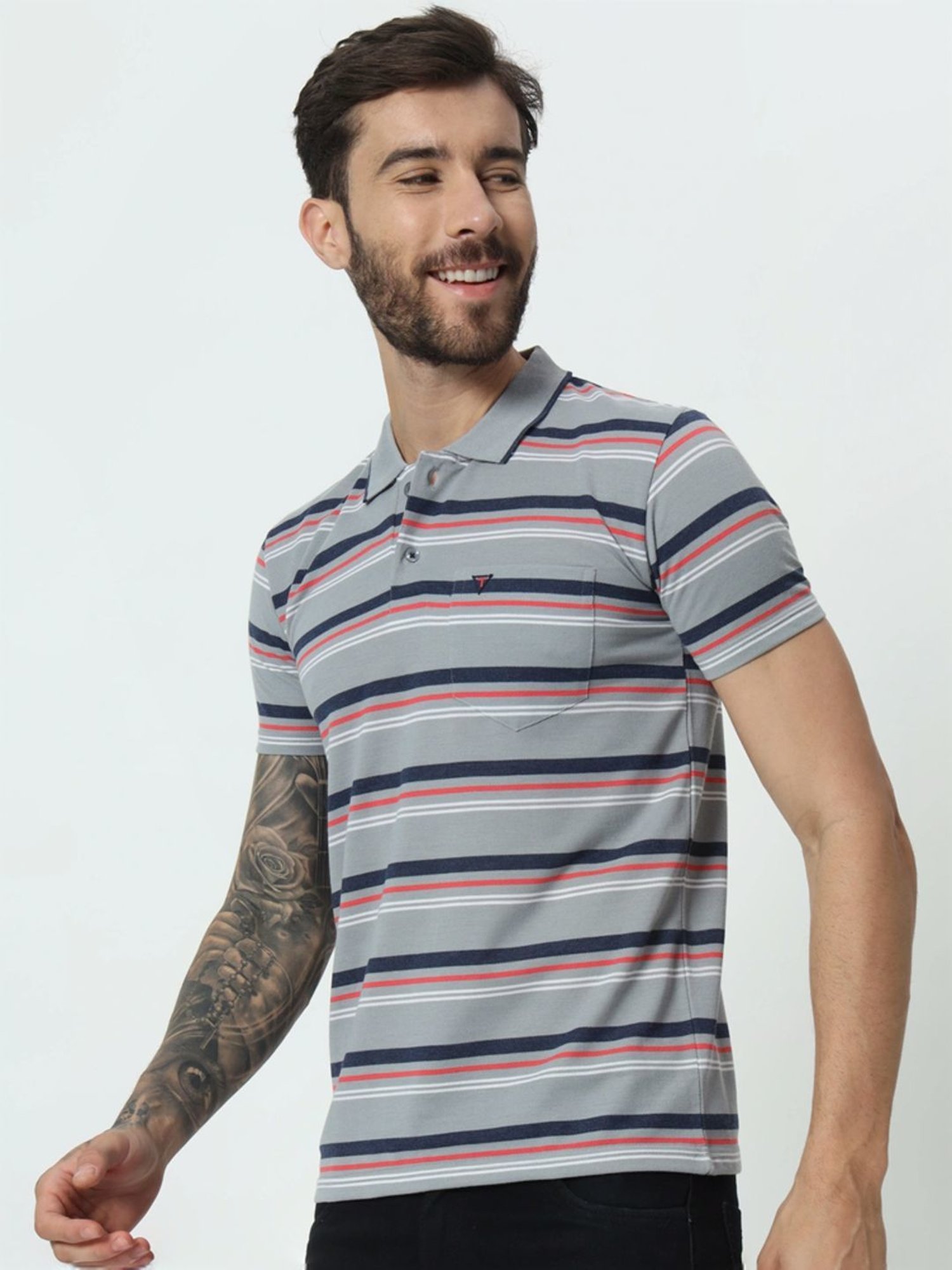 Tab91 Grey Regular Fit Striped Polo T-Shirts