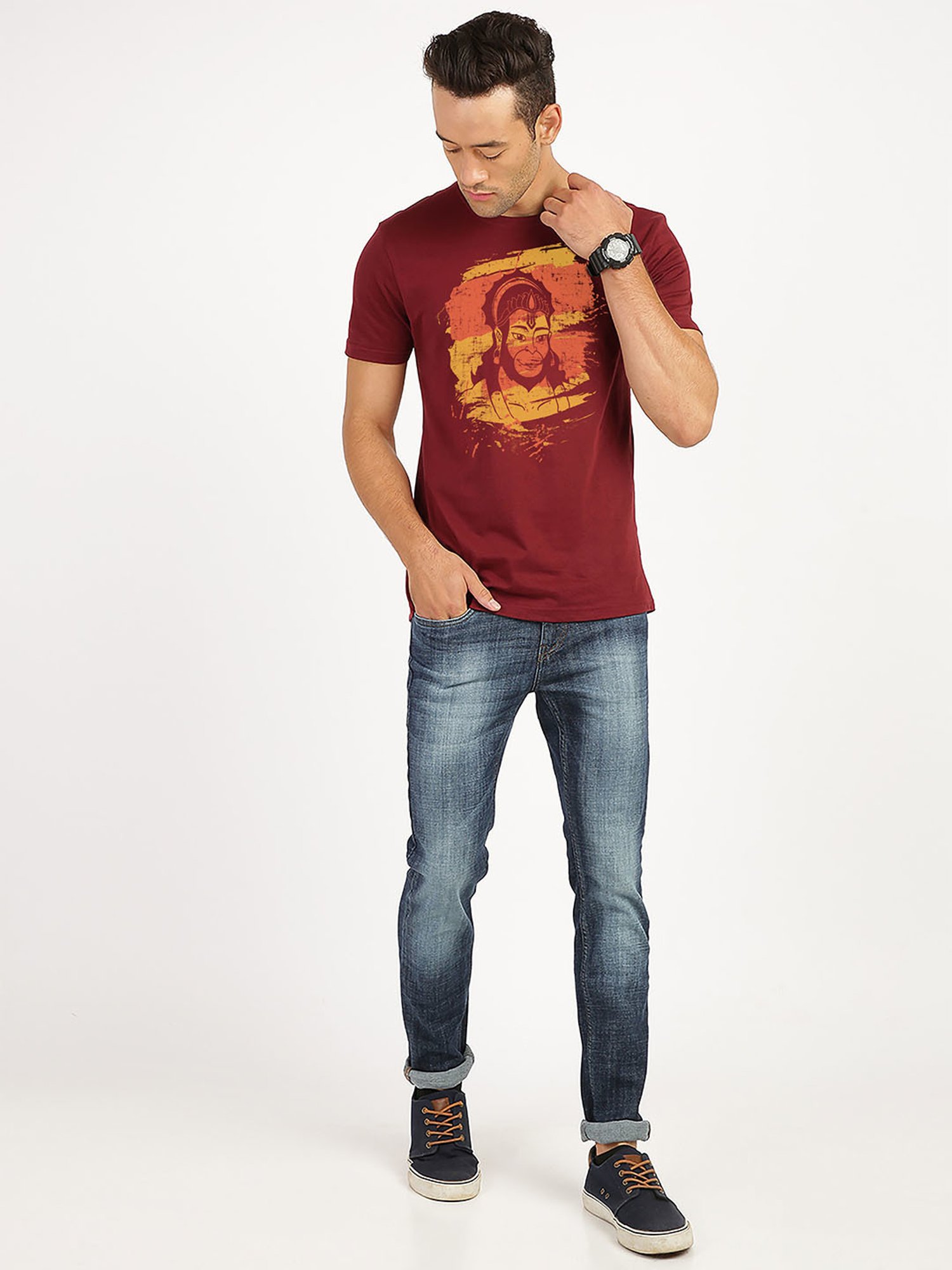 BLACK RADIO Maroon Slim Fit Printed Cotton Crew T-Shirt