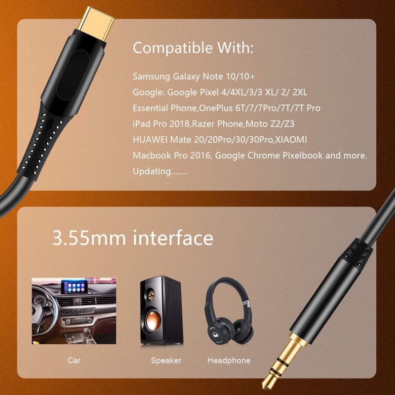 USB C to 3.5mm Aux Cable, Mxcudu USB C Male to 3.5mm Male Headphone Car Stereo Speaker Aux Audio Cable Compatible with Samsung Galaxy Note 10/10+, Google Pixel 4/4XL/3/3XL, OnePlus and More(Black)