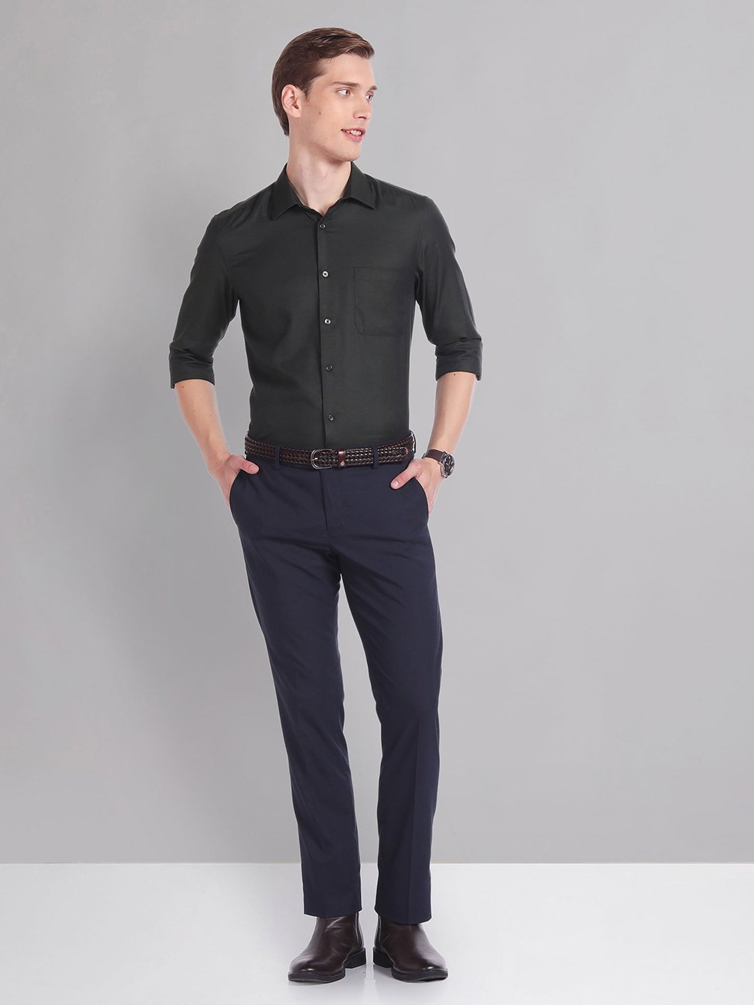 AD by Arvind Navy Slim Fit Flat Front Trousers