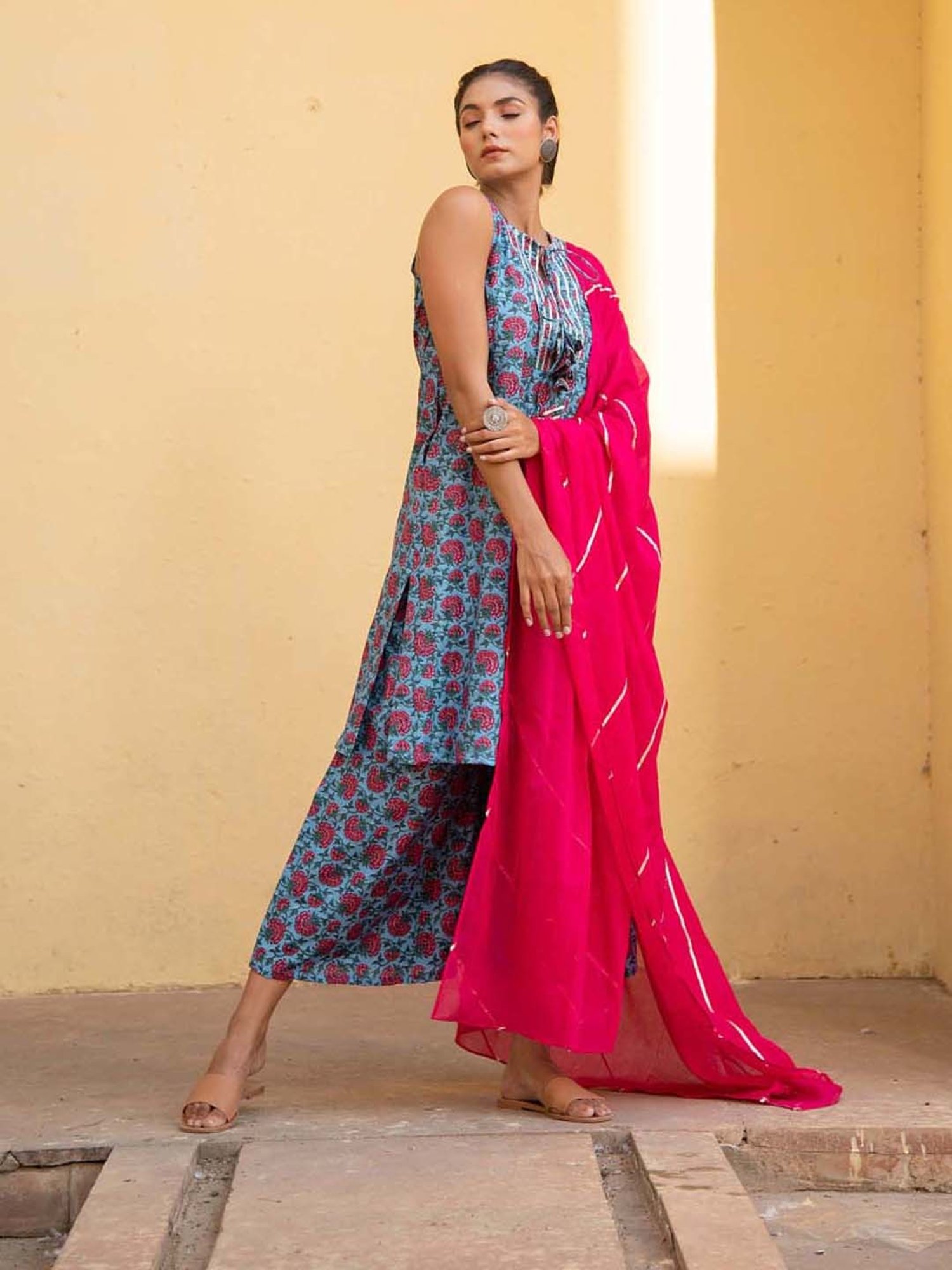 KAORI BY SHREYA AGARWAL Blue Cotton Printed Kurta Palazzo Set With Dupatta