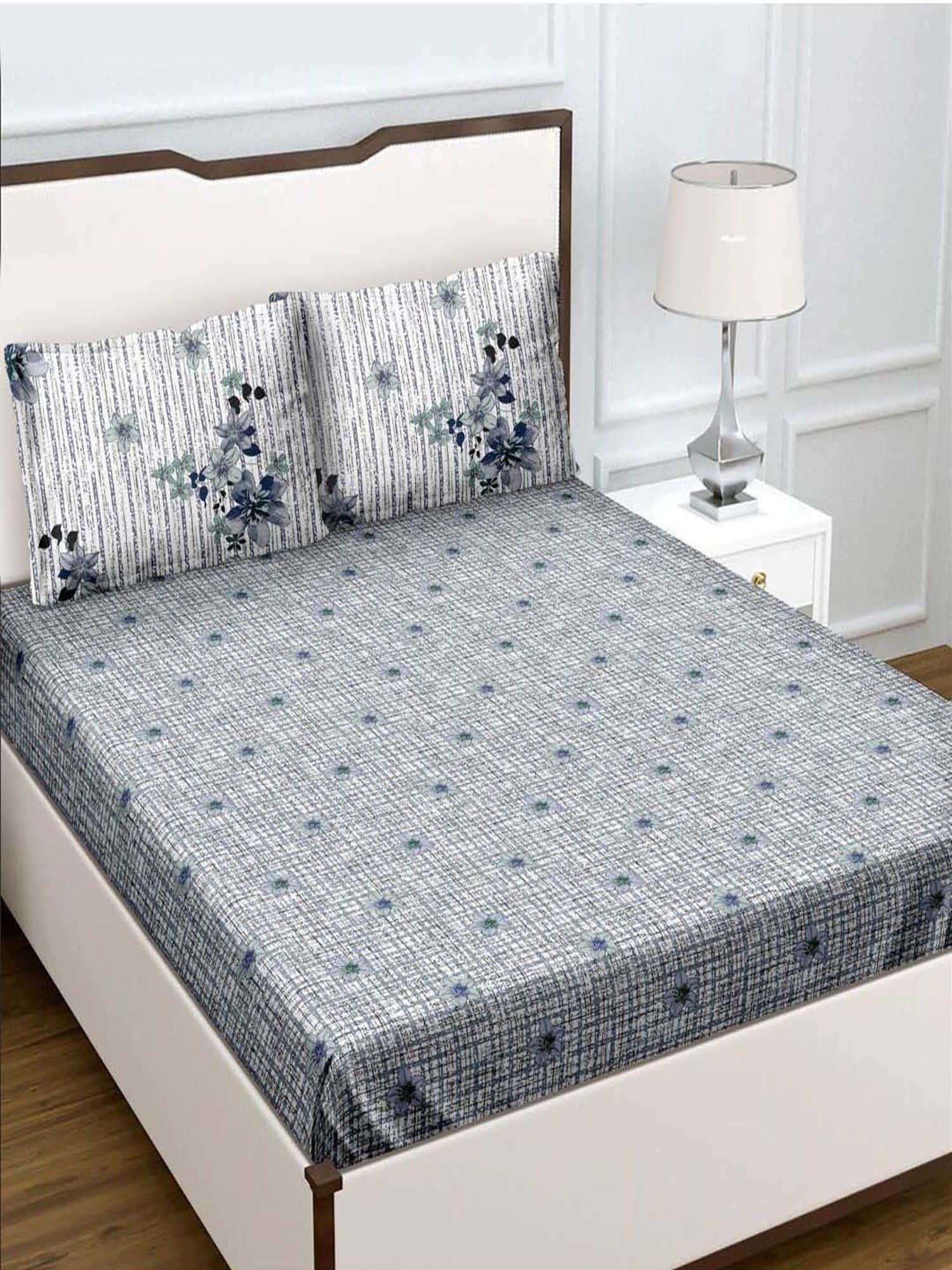 BELLA CASA Genteel Floral Teal Blue 180 TC Cotton Bedsheet with 2 Pillow Covers