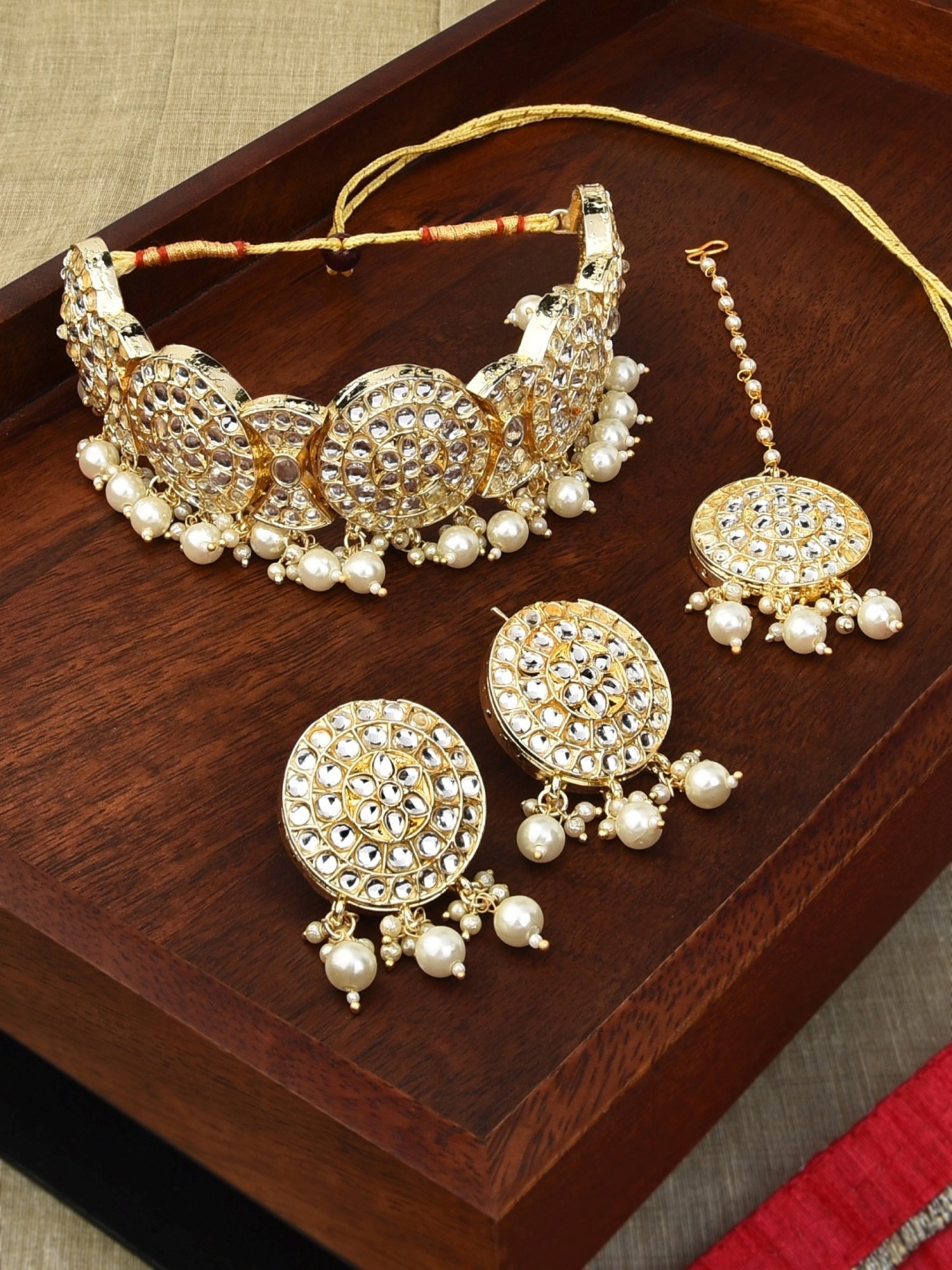 Zaveri Pearls Gold Tone Traditional Kundan Necklace, Earring & MaangTikka Set