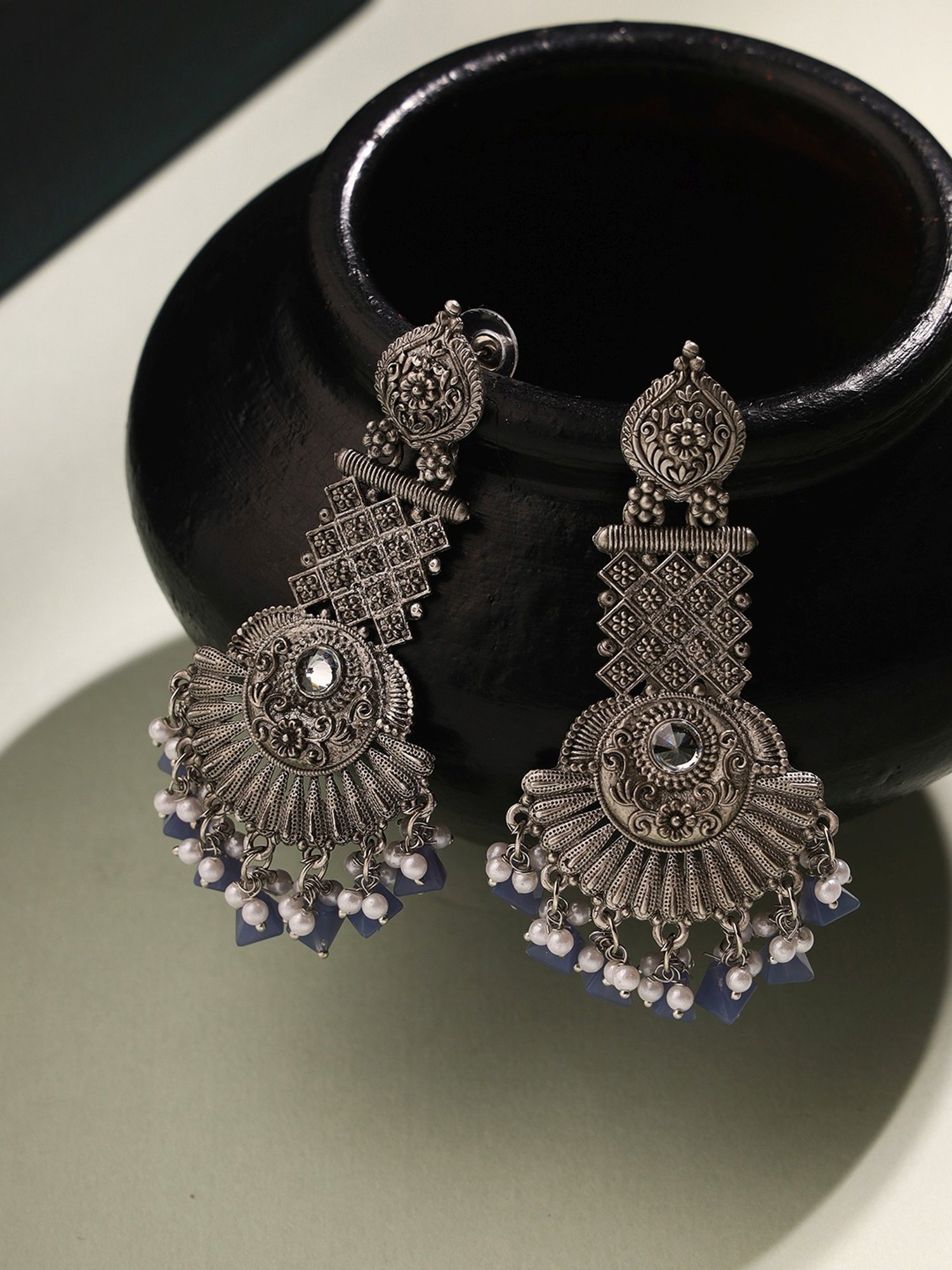 Priyaasi Sophisticated Tribal with Blue and White Beads Dangler Earrings