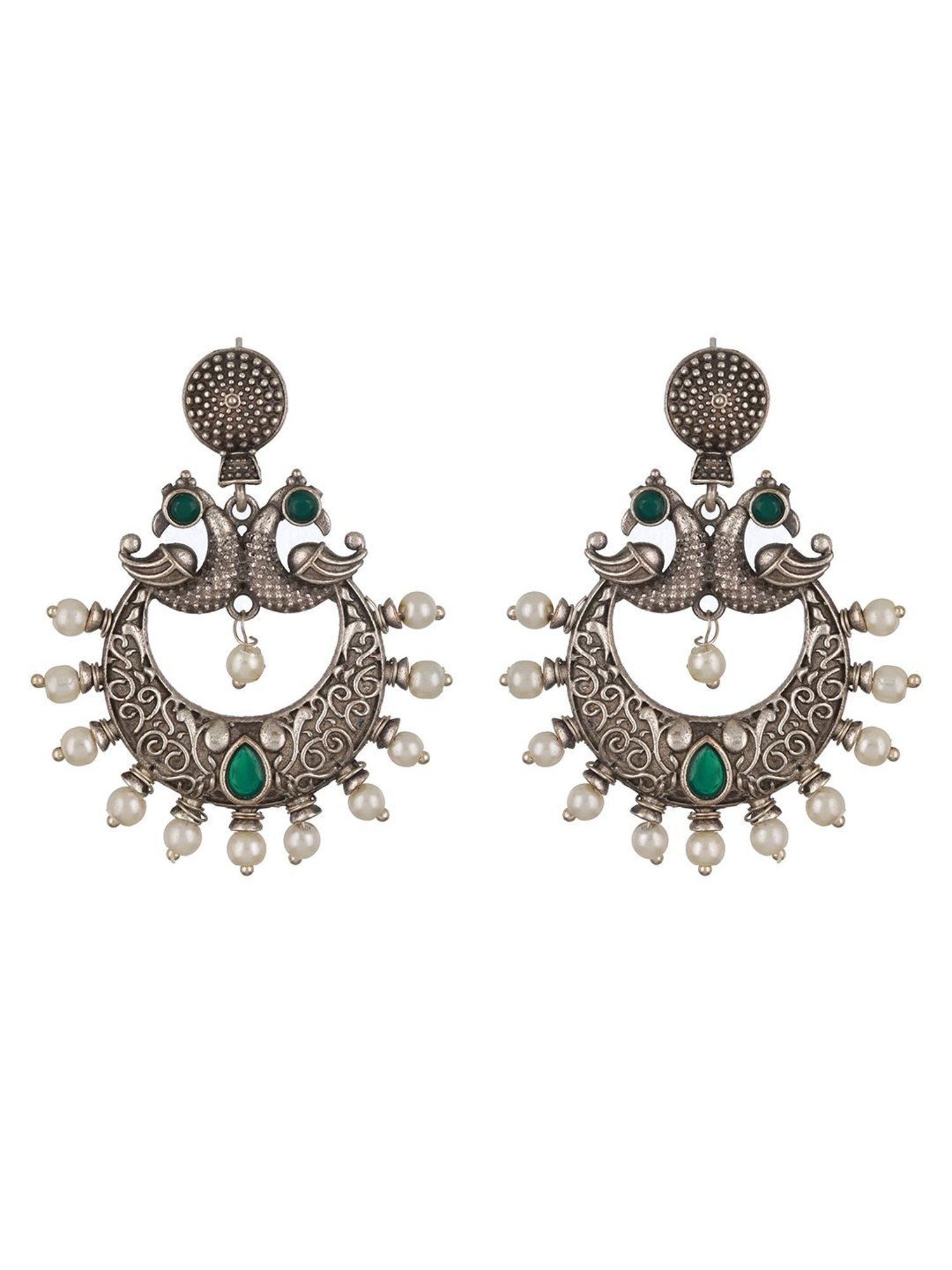 Aatmana Oxidized Silver-Toned Green Stone-Studded & Pearl Dome Shaped Chand Bali Earrings