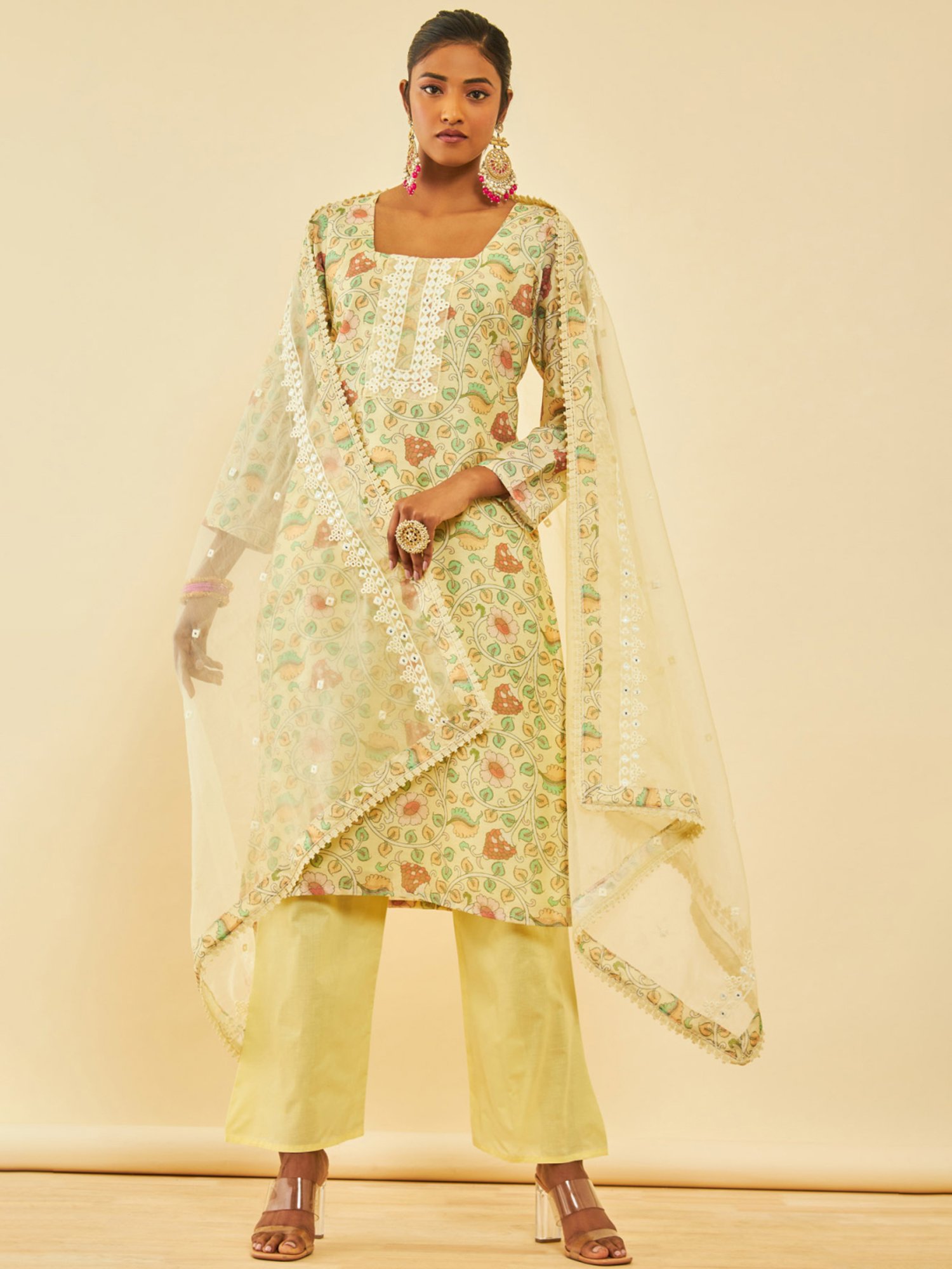 Soch Light Yellow Cotton Kalamkari Unstitch Dress Material With Faux Mirror