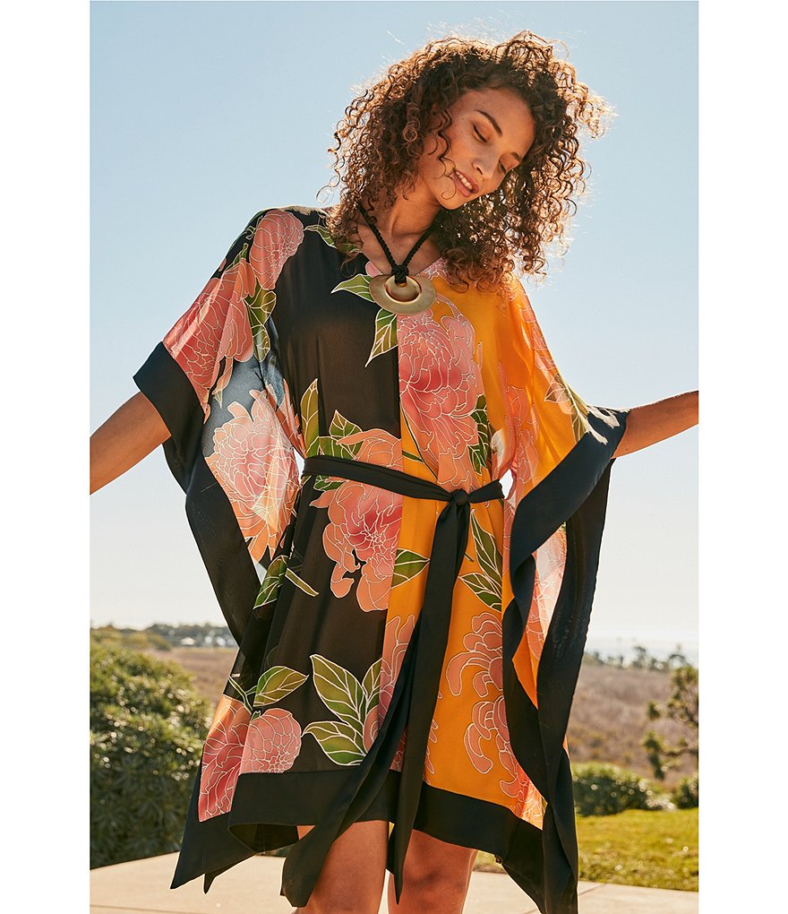 Trina Turk Love Floating Chrysanthemum Floral Border Print V-Neck Short Sleeve Tie Waist Caftan