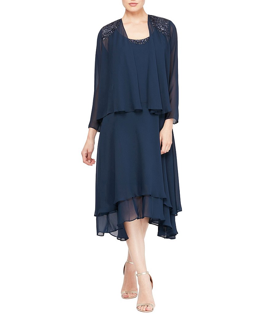 Ignite Evenings Petite Size Scoop Neck Long Sleeve Sequined Shoulder Midi Length 2-Piece Jacket Dress