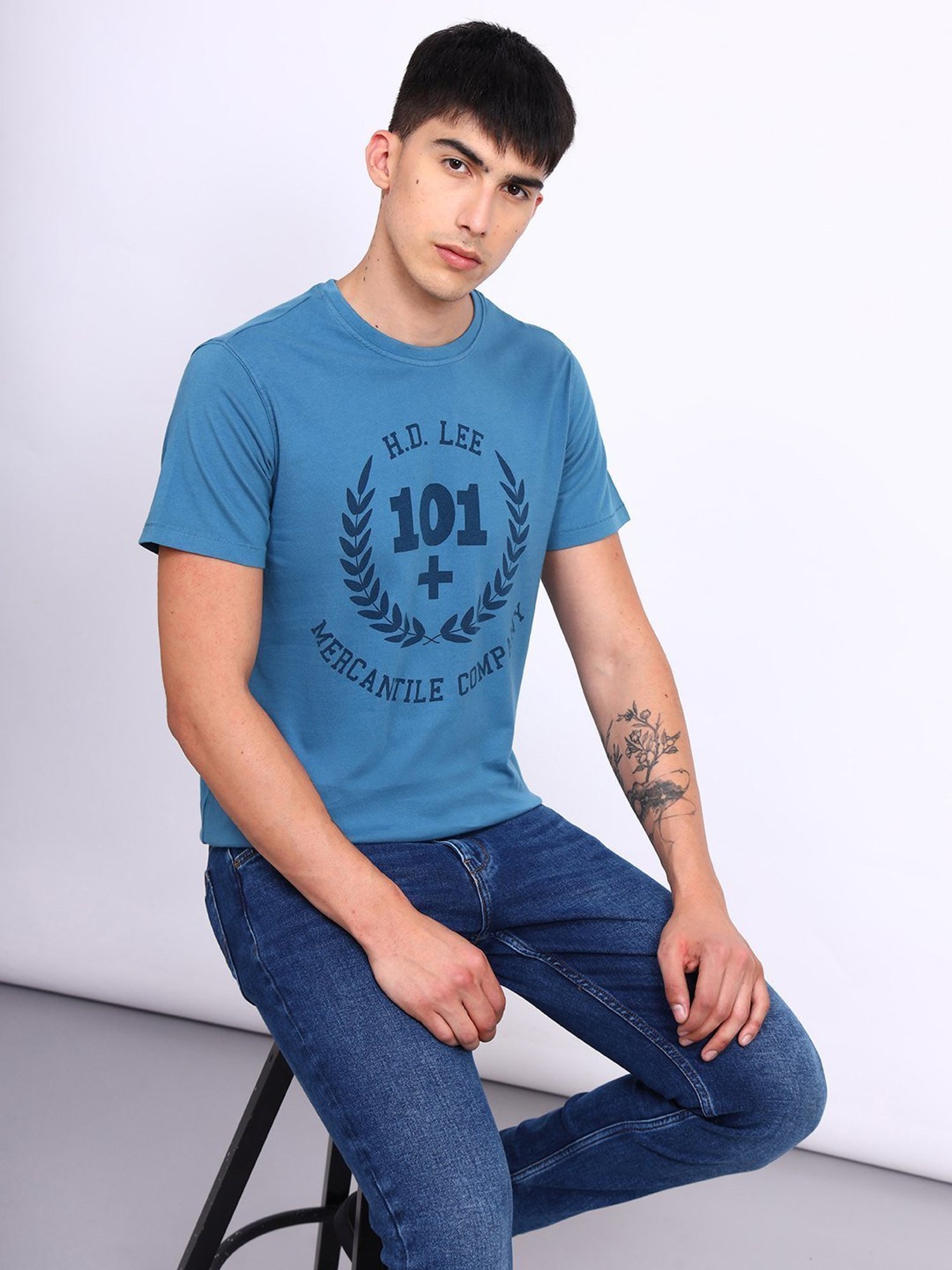 Lee Blue Cotton Regular Fit Printed T-Shirt