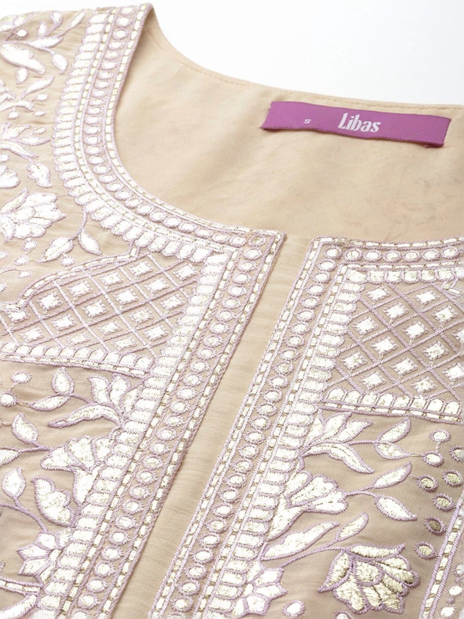 Libas Art Beige Embroidered Kurti Palazzo Set With Dupatta