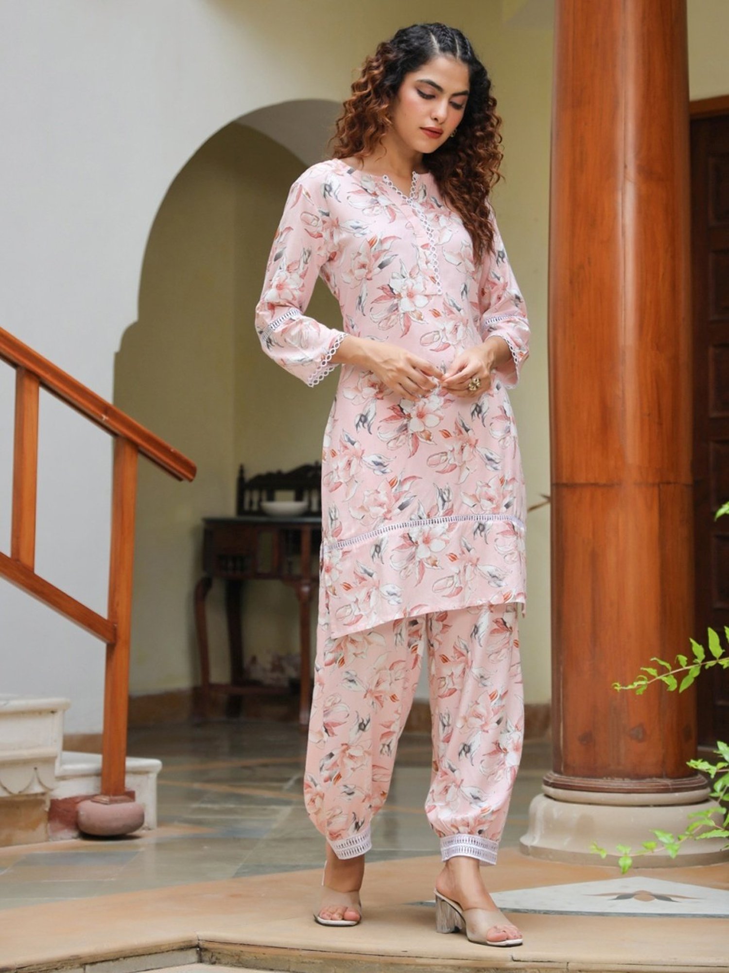 Rain and Rainbow Peach Floral Print Co-Ords Set