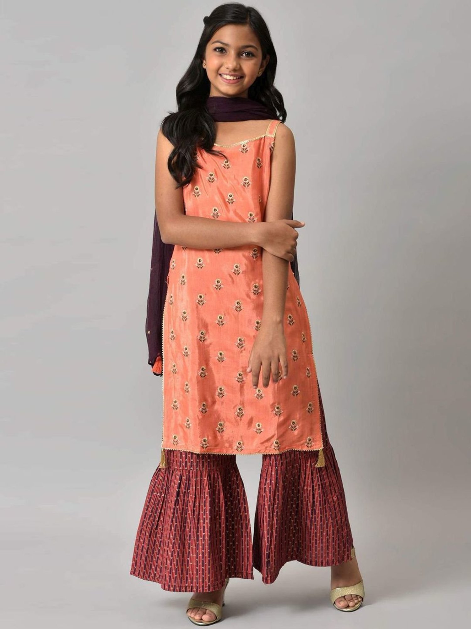 Aurelia Kids Orange & Maroon Floral Print Kurta Set