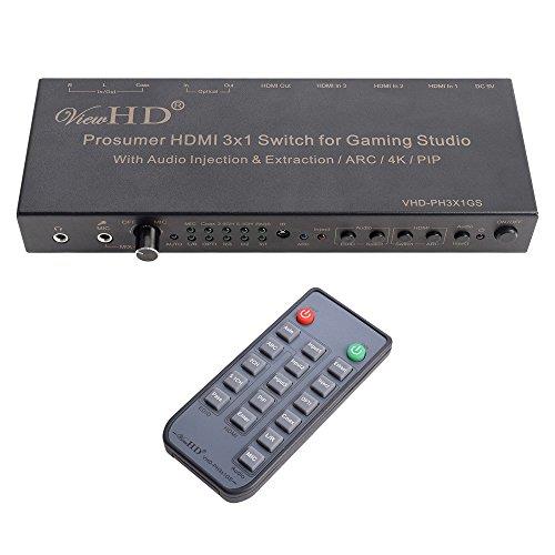 viewhd prosumer hdmi 3x1 switch | 4k@30hz hdmi v1.4 | mic audio injection / combiner | hdmi audio extractor | optical / coax / rca l/r to hdmi audio| arc | model: vhdph3x1gs