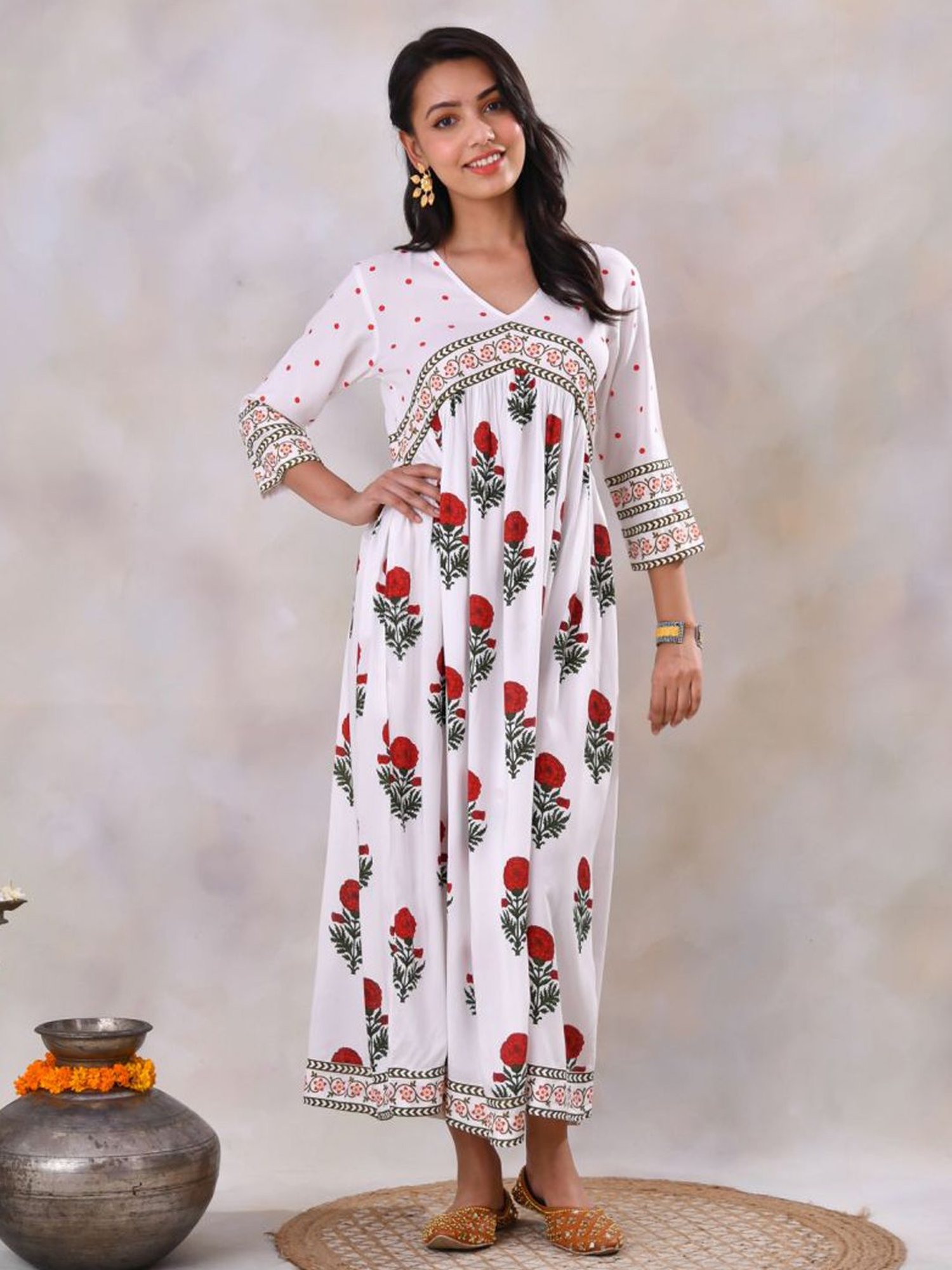 Rustorange Off White Printed Dress