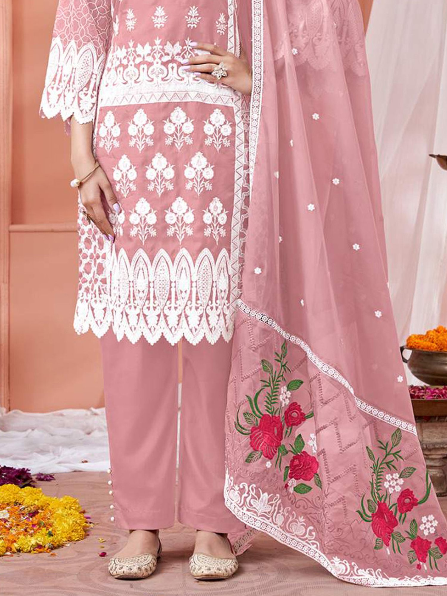 Odette Peach Embroidered Unstitched Dress Material