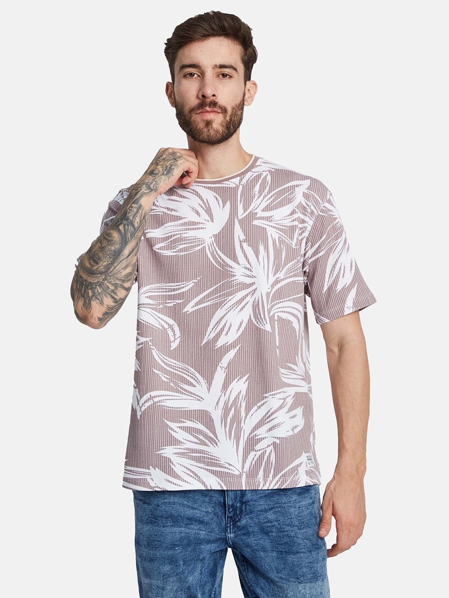 Octave Purple Cotton Regular Fit Floral Print T-Shirt