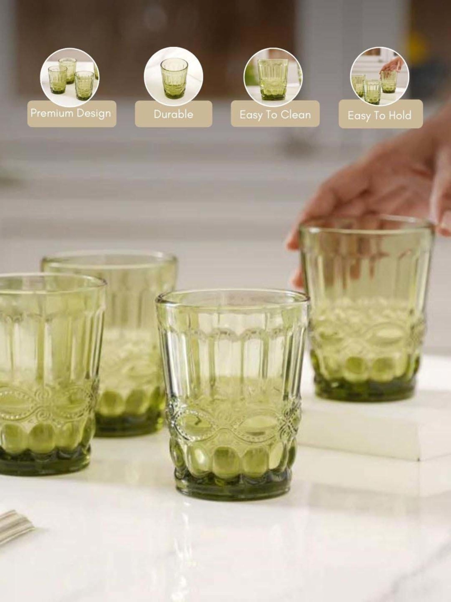 Nestasia Premium Quality Vintage Textured Green Translucent Water Glass For Serving Drinks(Set Of 4)