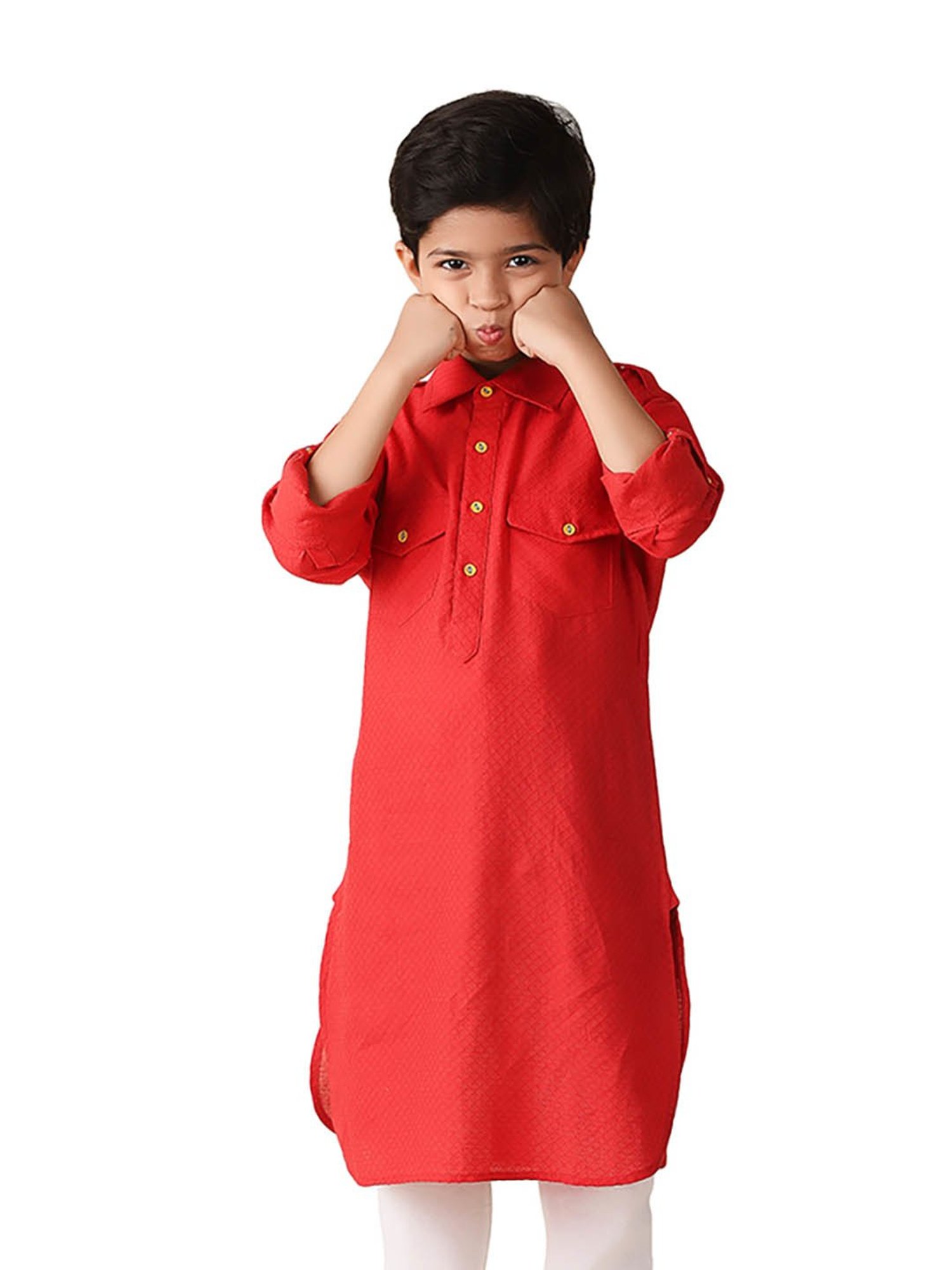 Fabindia Kids Red Solid Full Sleeves Kurta