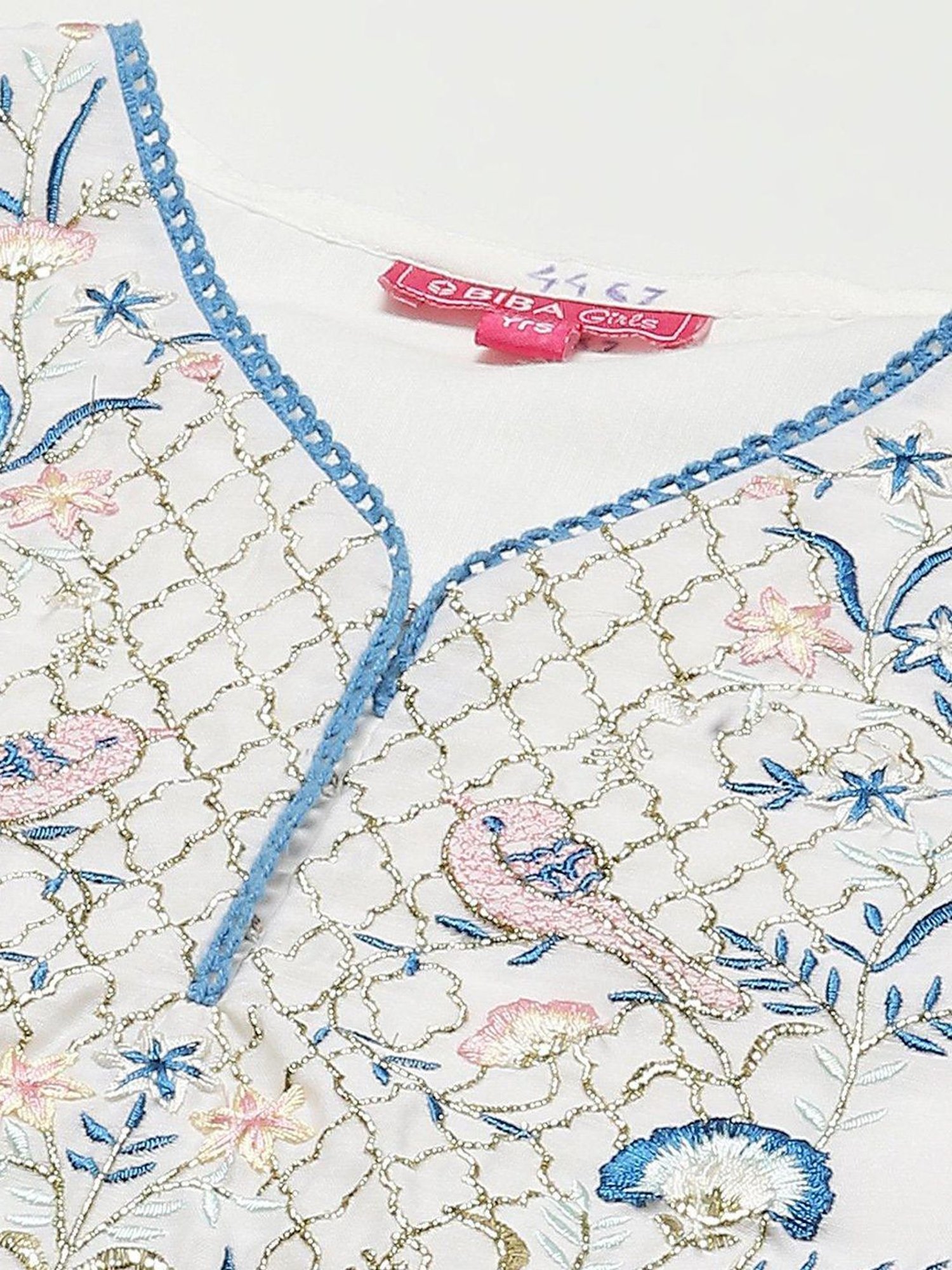 BIBA Girls White & Blue Zari Work Suit Set