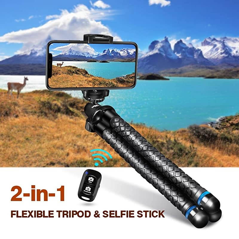 Flexible Cell Phone Tripod, Mini Travel Tripod Stand with Wireless Remote Shutter, Universal Adapter Compatible with iPhone, Android, GoPro, DSLR, Action Camera. (Blue)