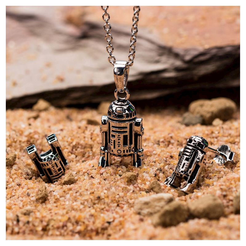 Women's  'Star Wars' R2-D2 925 Sterling Silver 3D Earrings and Pendant with Chain Set (18")