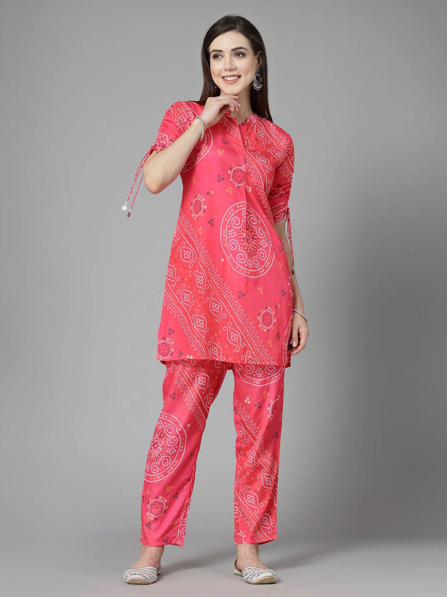 Stylum Pink Satin Bandhani Print Kurti Pant Set