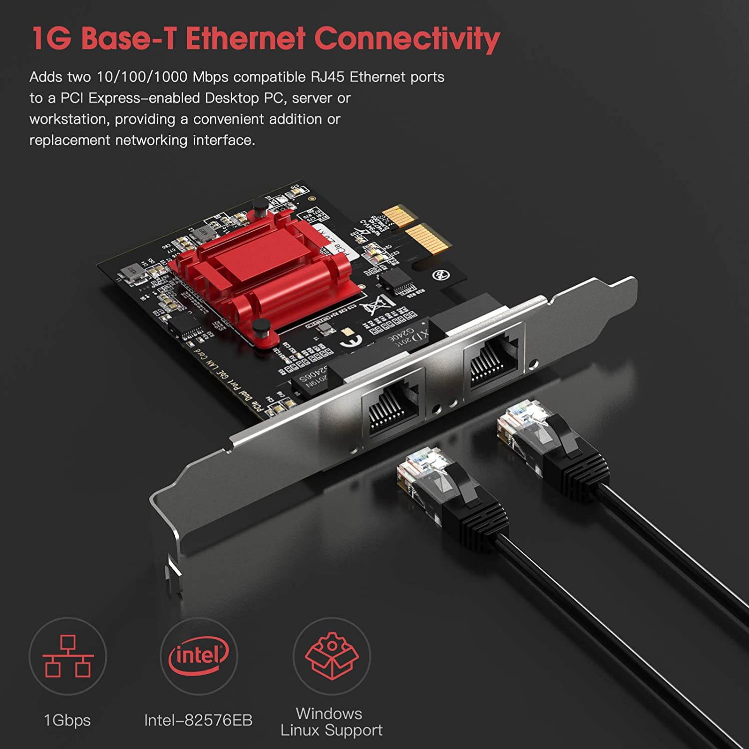 Dual Port 1Gbps PCIe Network Card with Intel 82576 Chip, Gigabit Ethernet Converged Adapter, 2 RJ45 Ports PCI Express NIC Card for Server Support Windows/Windows Server/Linux/Freebsd/DOS