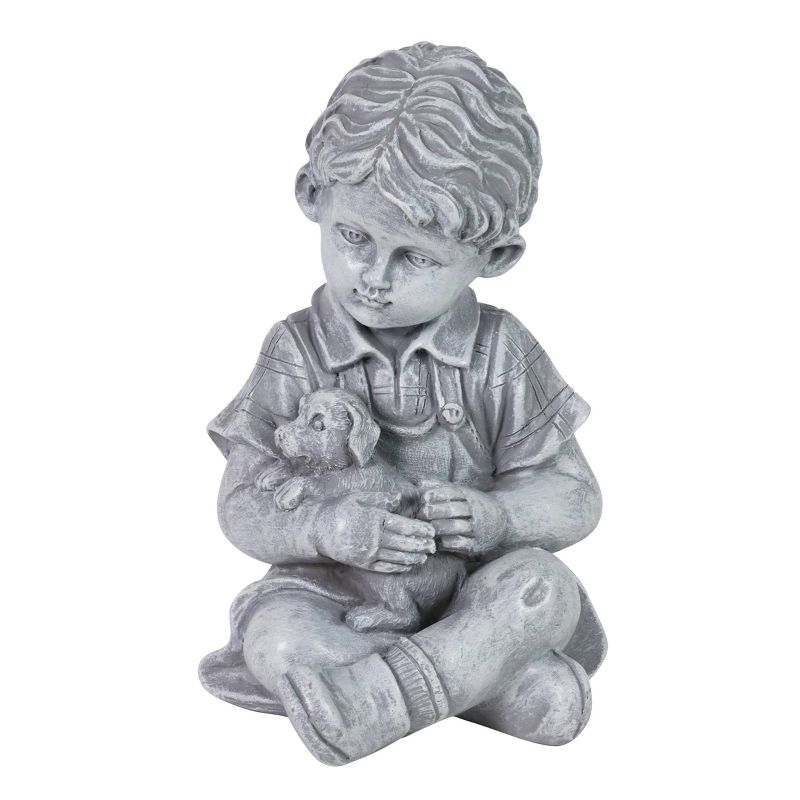 10.24" Resin Boy with Puppy Statue Gray - Exhart