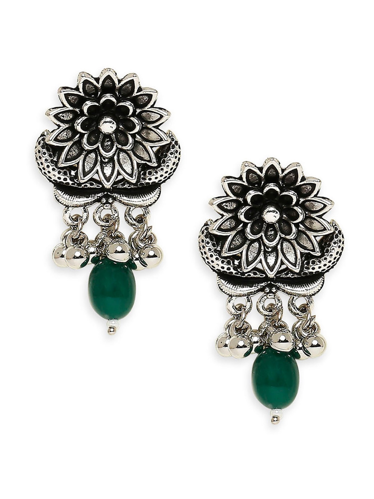 OOMPH Oxidized Silver Tone Green Jaipur Stones Ethnic Necklace Set with Drop Earrings