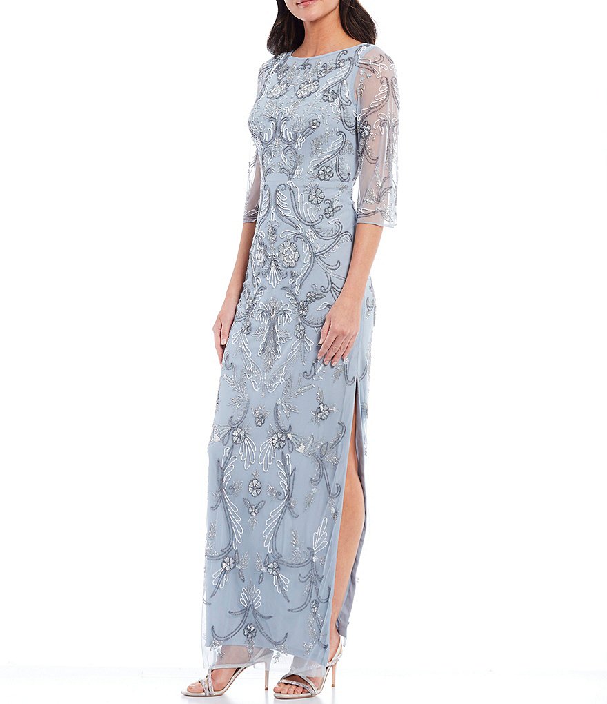 Aidan Mattox Fully Beaded 3/4 Sleeve Column Gown