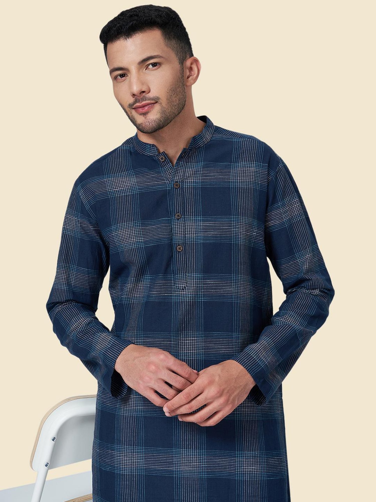 Indus Route by Pantaloons Indigo Blue Cotton Regular Fit Checks Kurta
