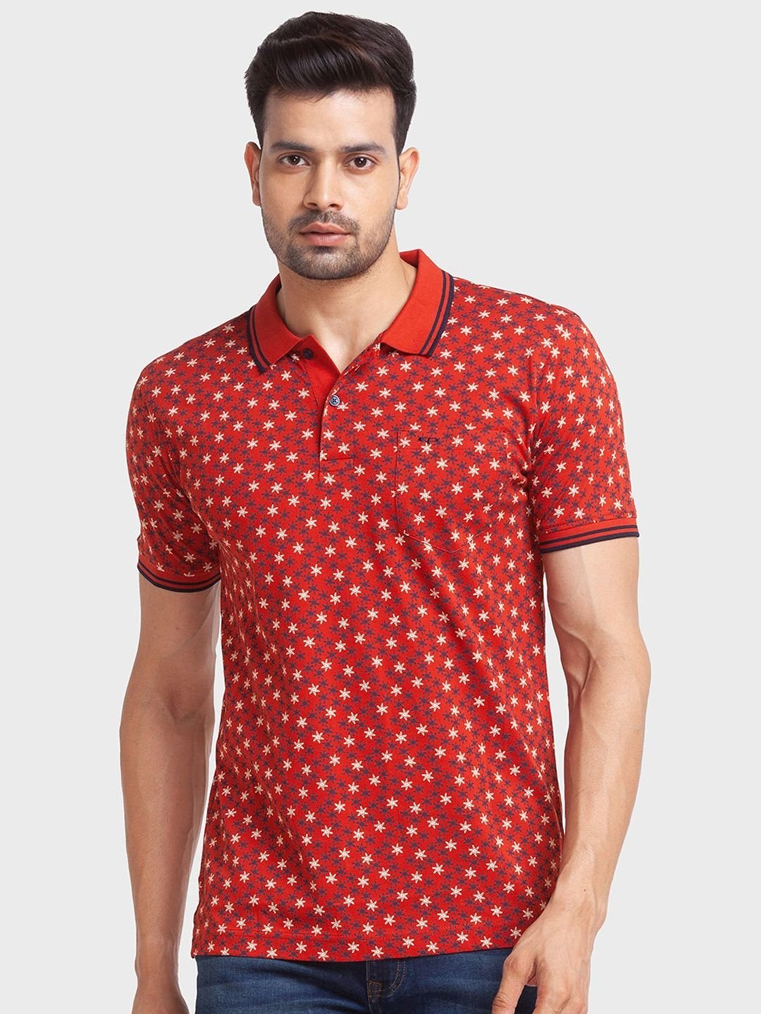 ColorPlus Orange Cotton Tailored Fit Printed Polo T-Shirt