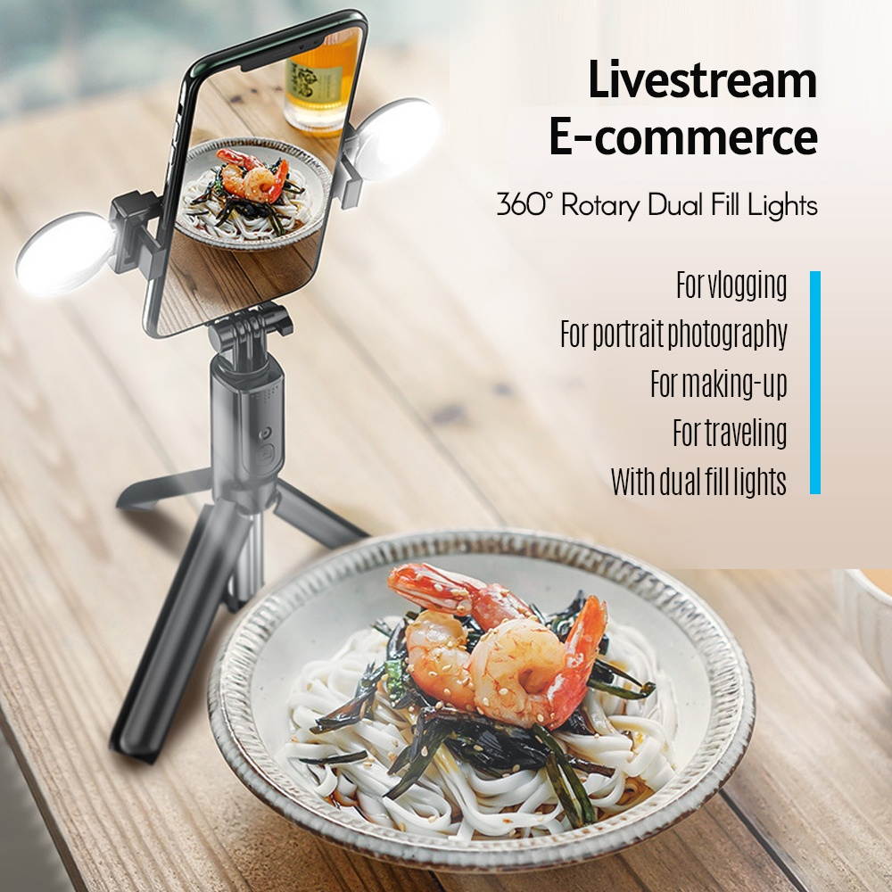R9 Portable 5-Section Extendable Selfie Stick Integrated with 360&deg; Rotary Phone Holder Dual LED Ring Lights Tripod Remote Control for Smartphone Selfie Vlogging Live Streaming Portrait Photography
