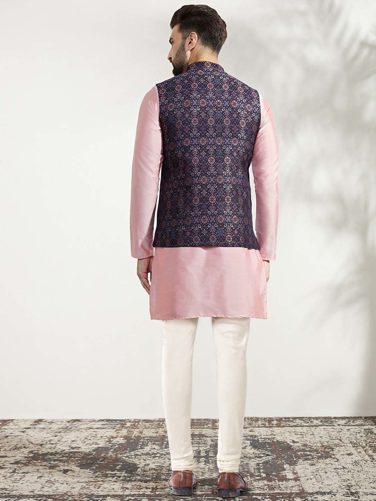 KISAH Black & Off White Regular Fit Self Design Kurta & Churidar With Nehru Jacket