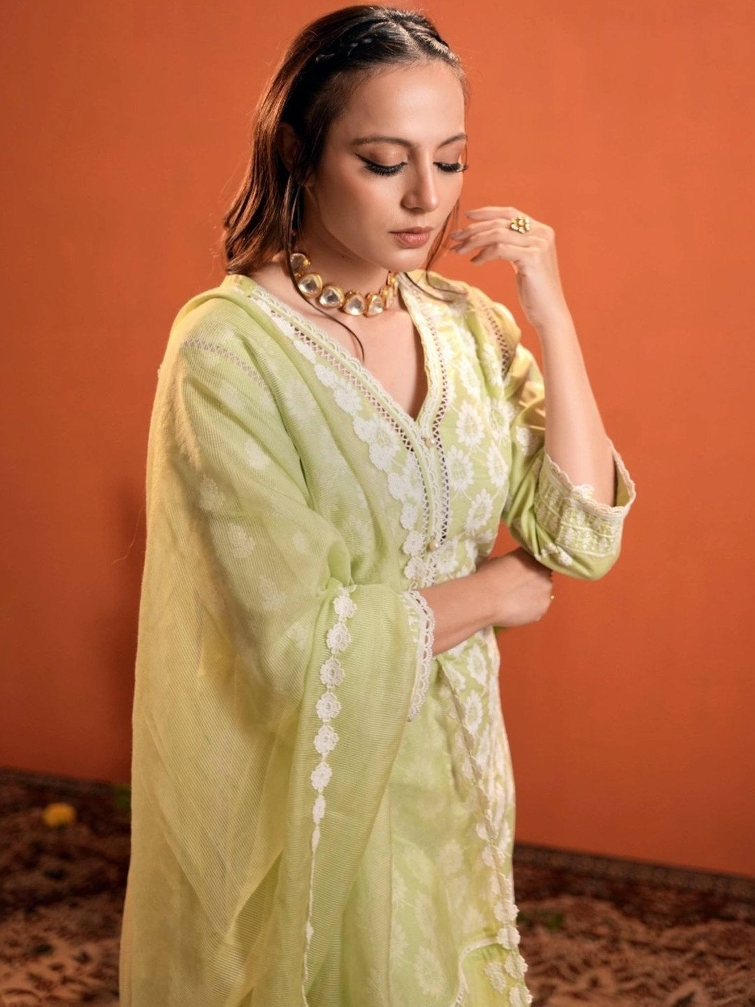 Heeposh Green Cotton Embroidered Kurta Pant Set With Dupatta