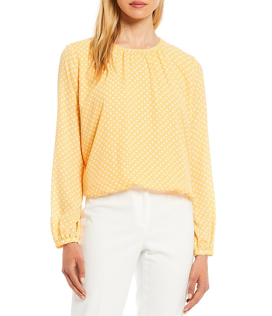 Tommy Hilfiger Dot Print Georgette Jewel Neck Long Sleeve Blouson Top