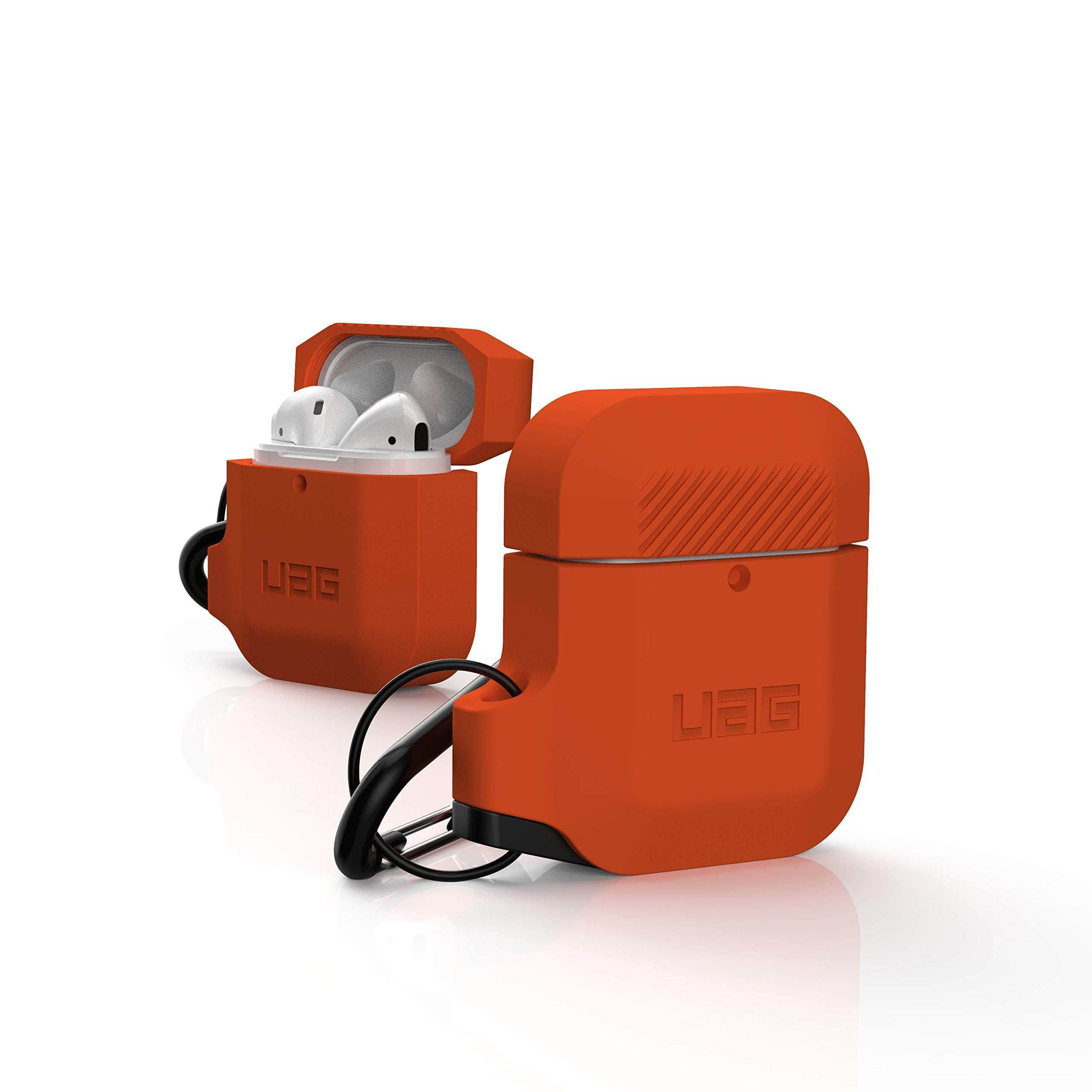 UAG AirPods (1st Gen & 2nd Gen) Rugged Silicone Case with Detachable Carabiner, Orange/Dark Grey