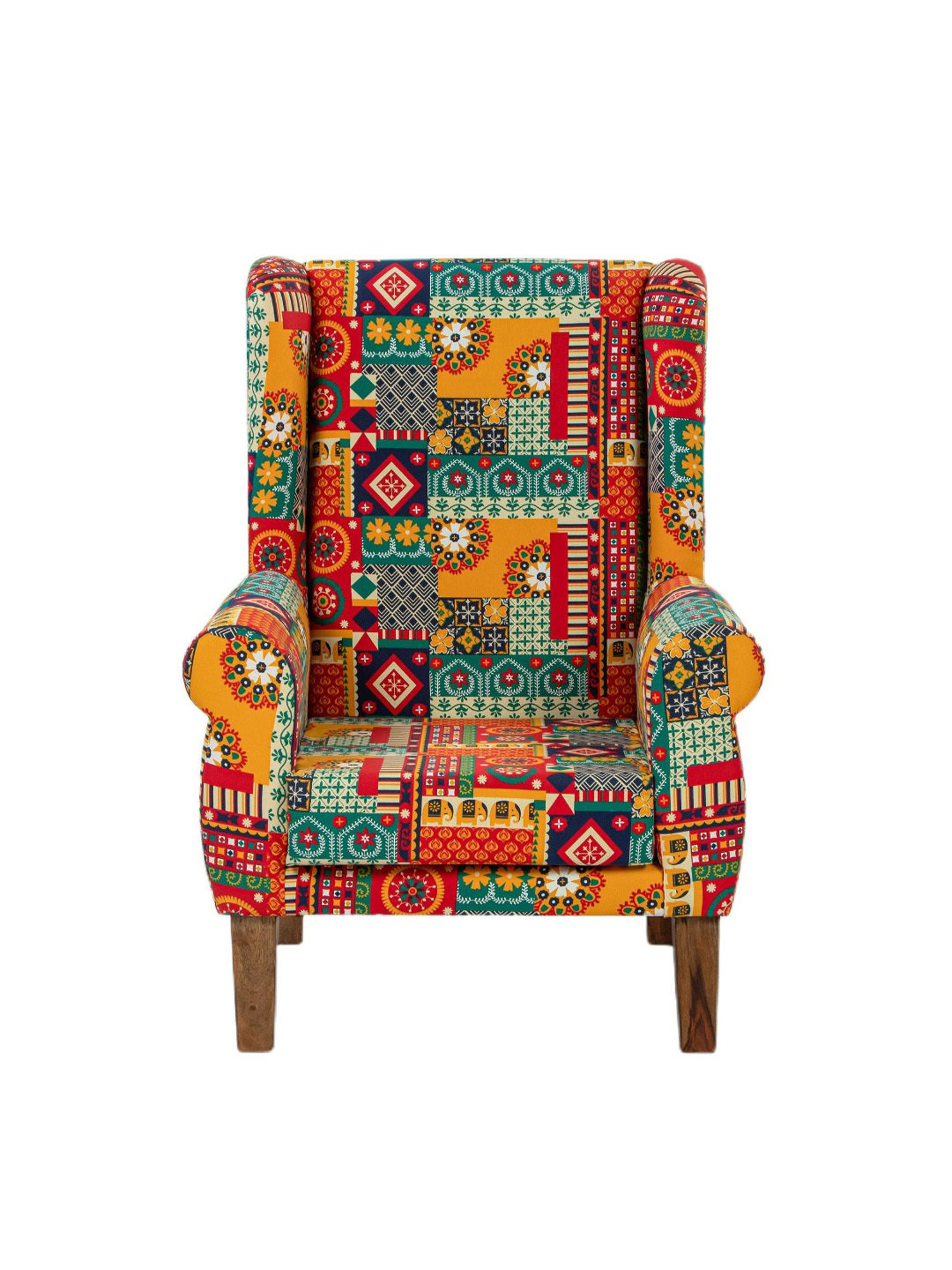 Chumbak Swirls Printed Red Sheesham Wood Begum Wing Chair