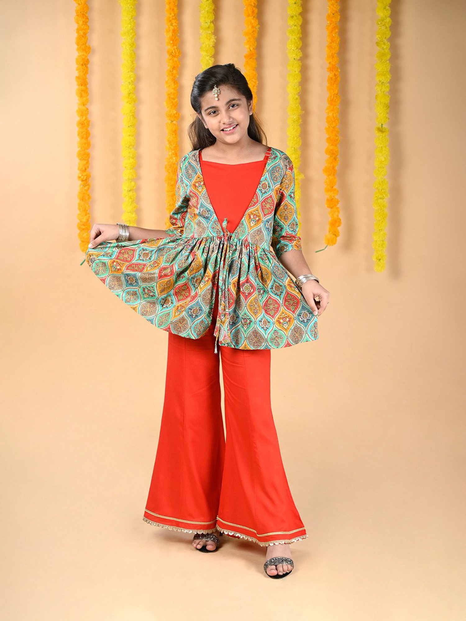 Budding Bees Kids Multicolor Printed Top, Jacket, Pants with Scrunchie