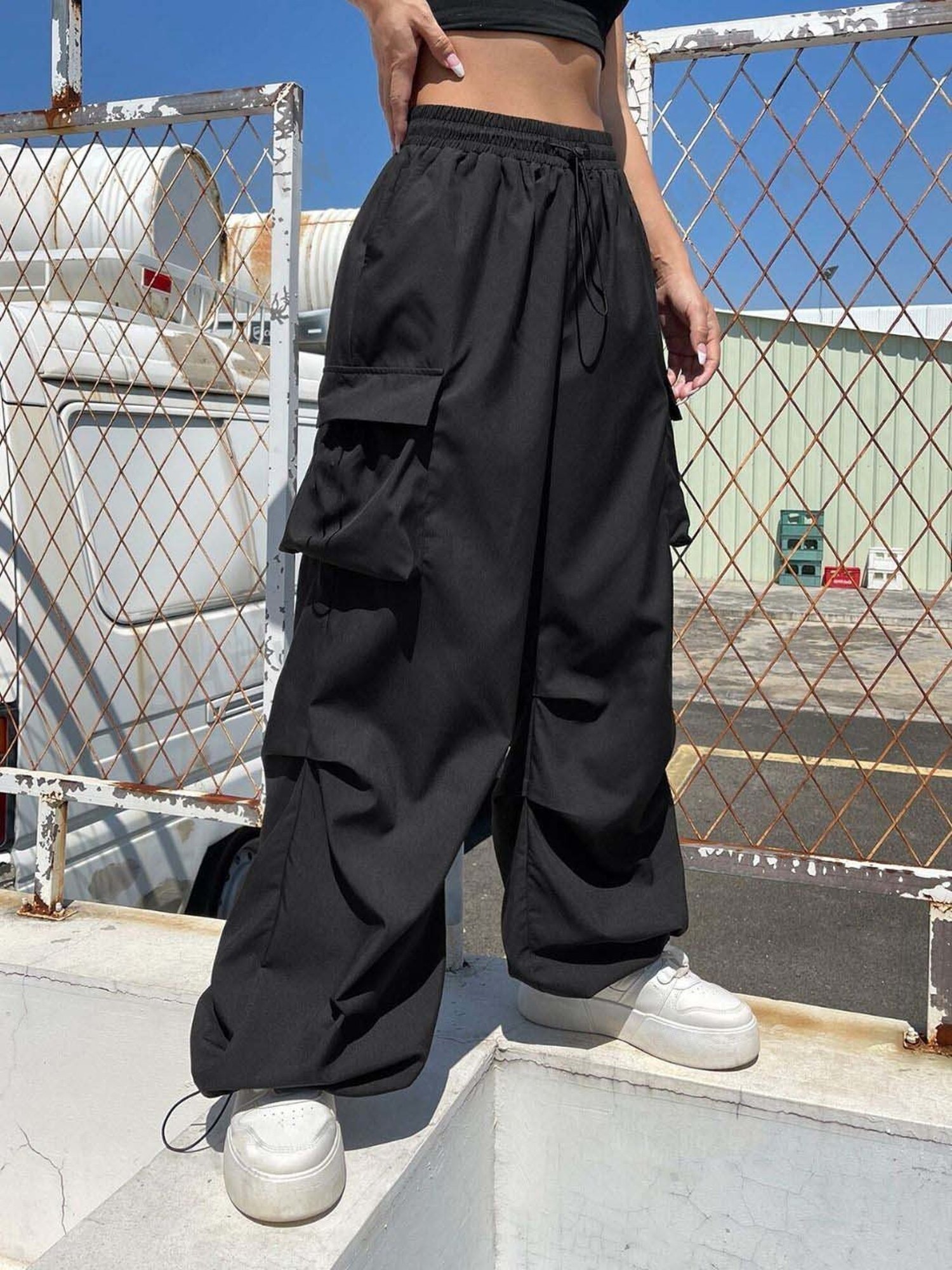 BUYNEWTREND Black High Rise Cargo Pants